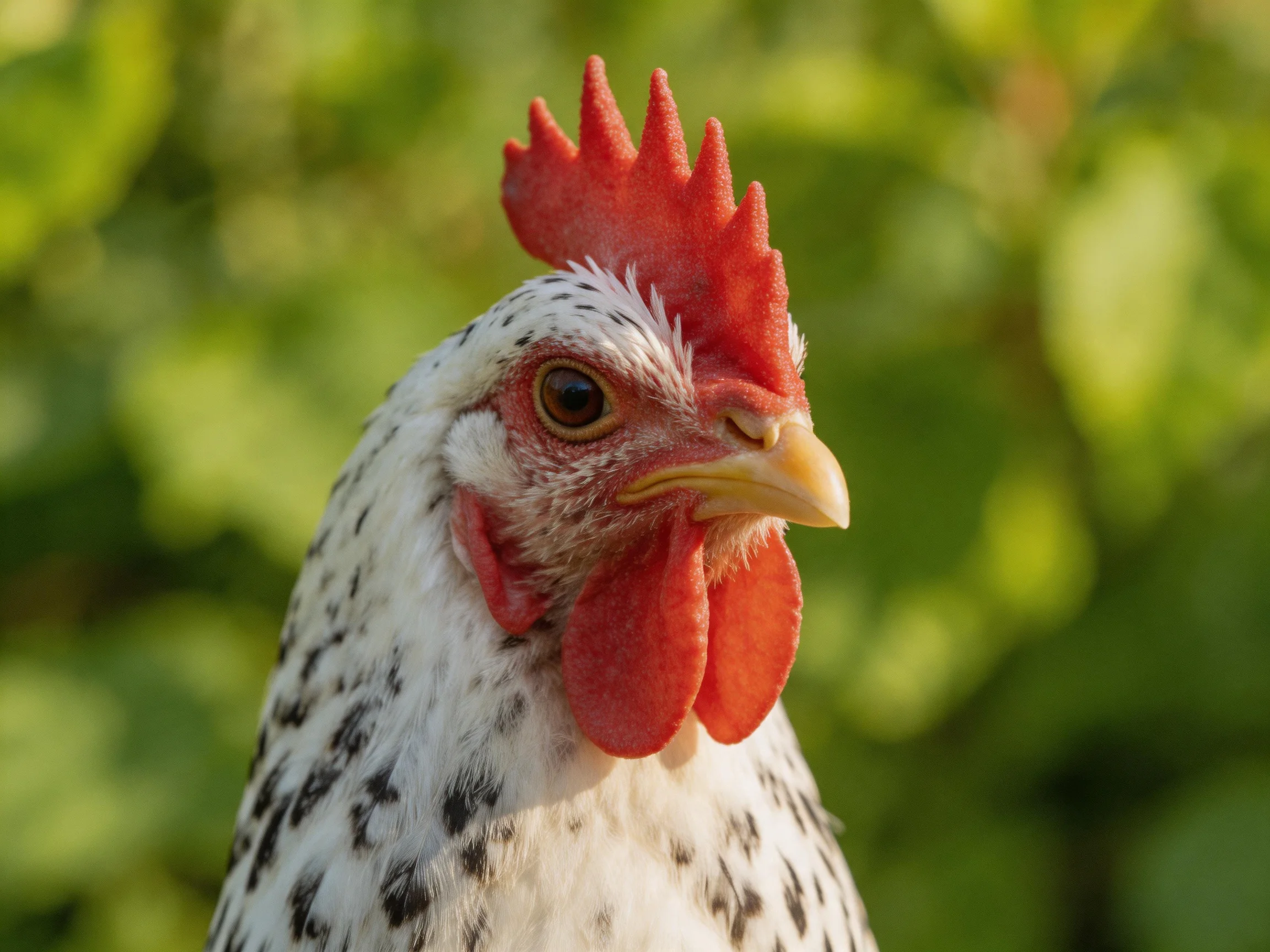 Close-up of a speckled chicken withvibrant red comb and wattles