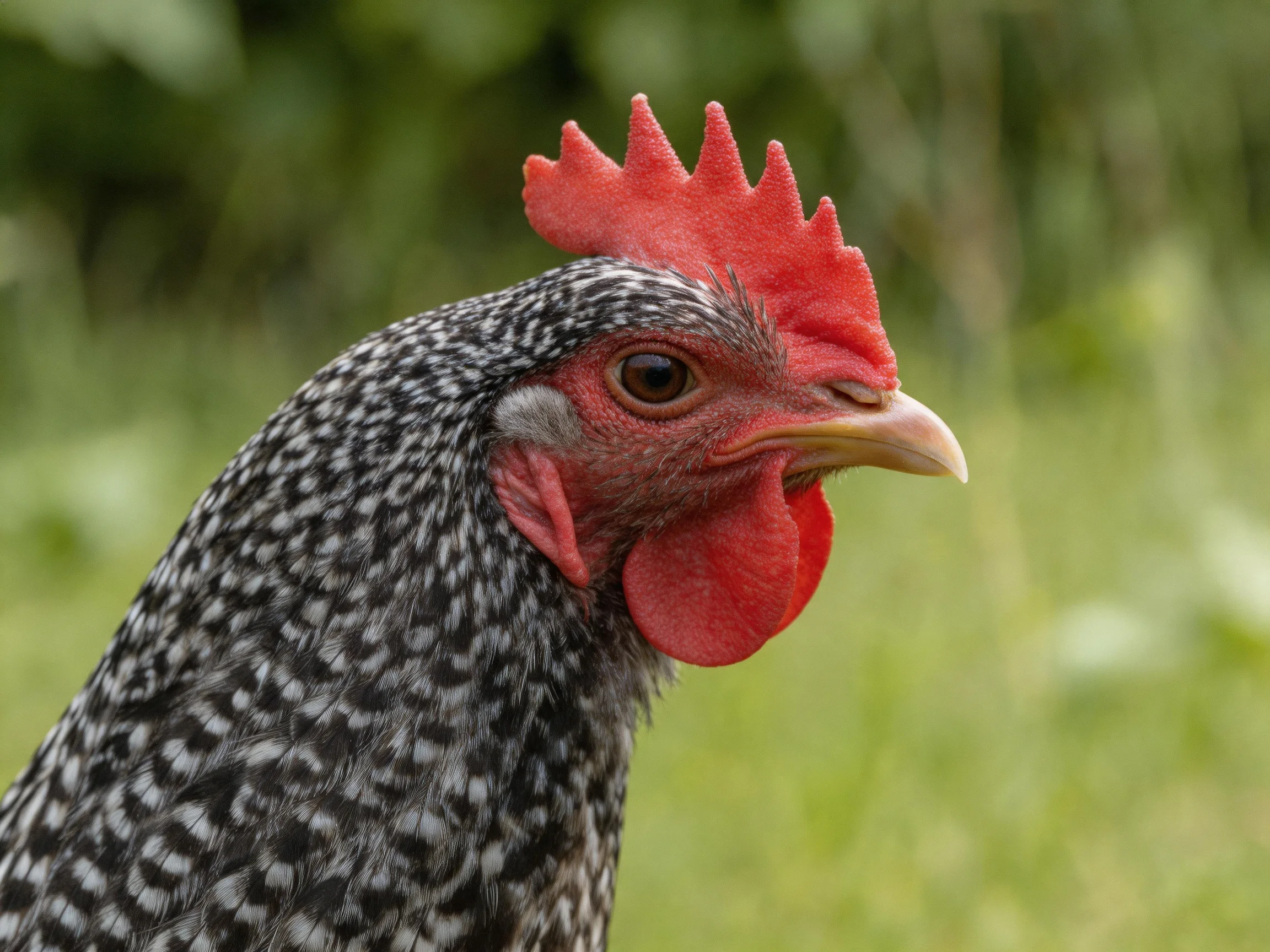 Close-up of a speckled hen with vibrant red comb and wattle
