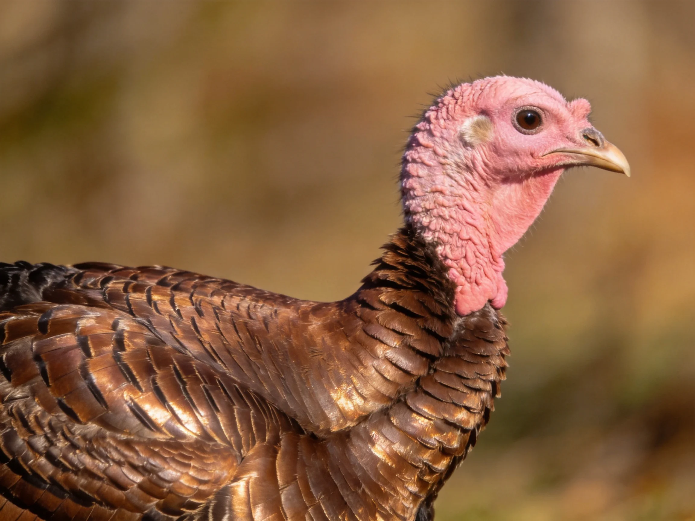 Close-up of a turkey with pink head and iridescent brown feathers