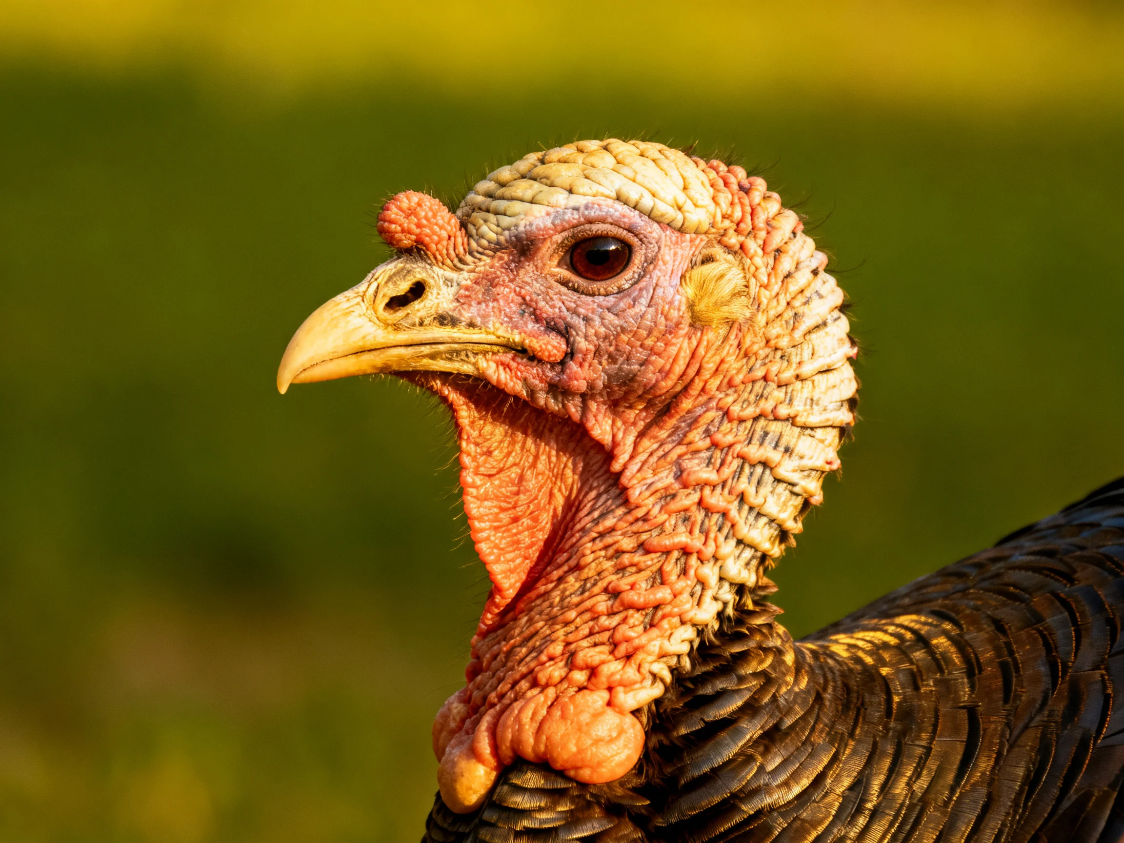 Close-up of a turkey with pink neck, yellow beak, and textured plumage