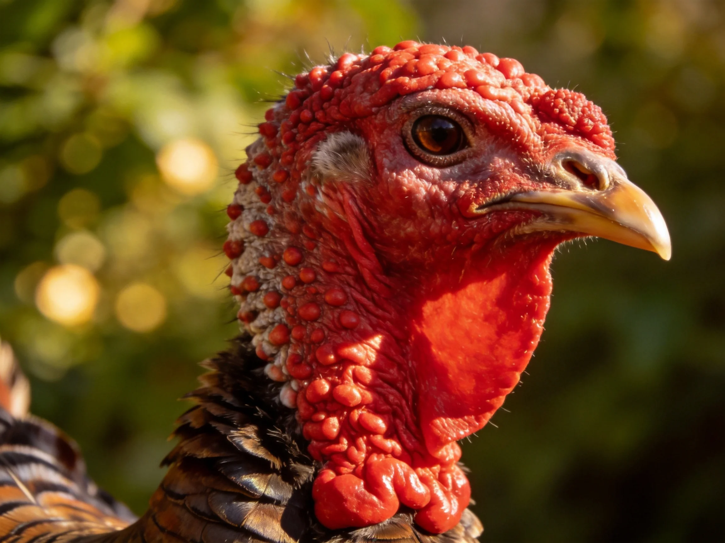 Close-up of a turkey with vibrant red head and brown plumage