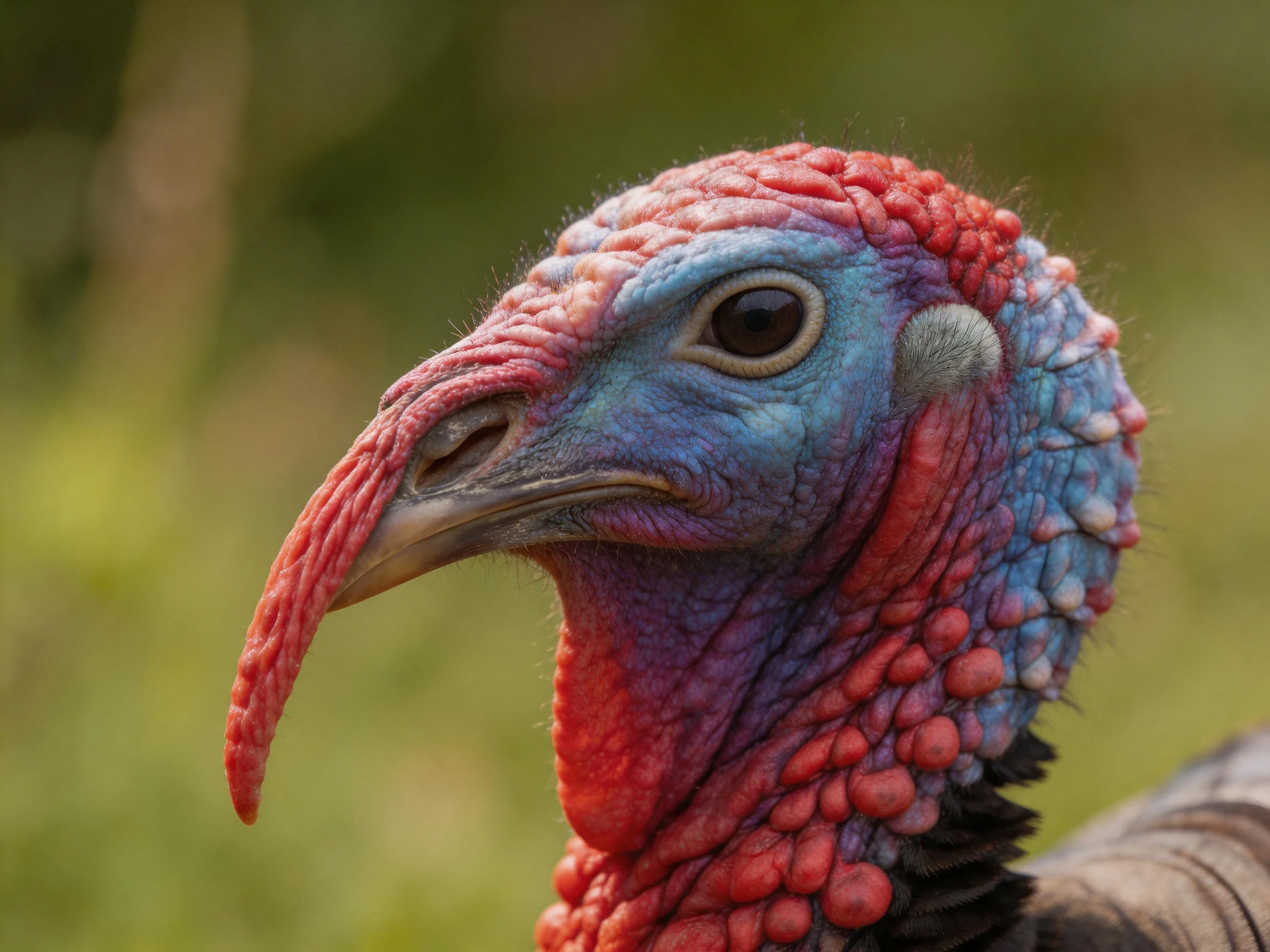 Close-up of a turkey with vivid red, blue, and purple head feathers