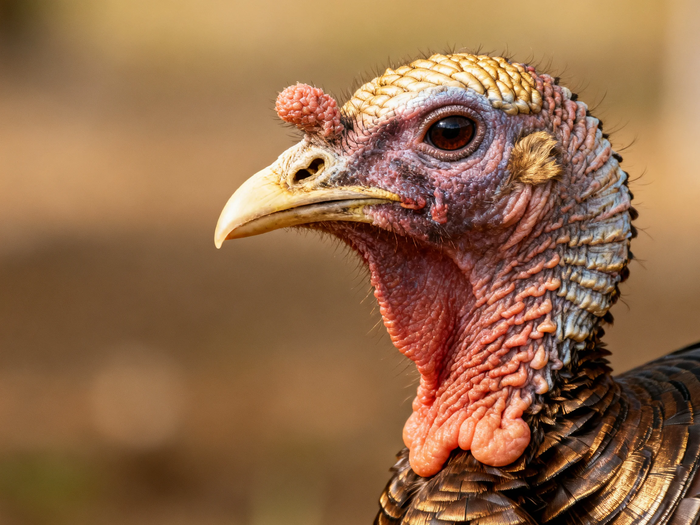 Close-up of a turkey’s head with golden scaled feathers and pink textured skin