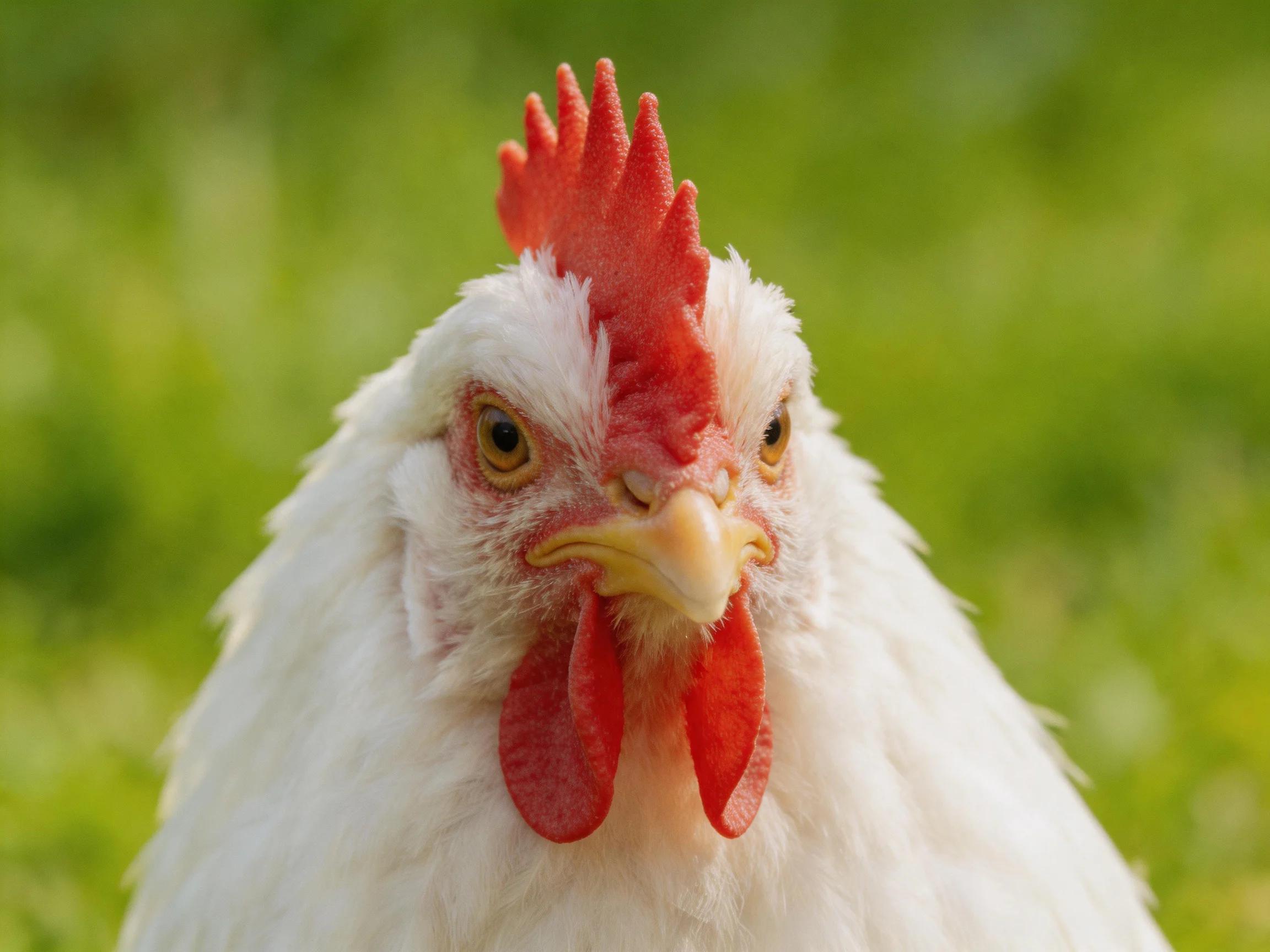 Close-up of a white chicken with vibrant red comb and wattles on green background
