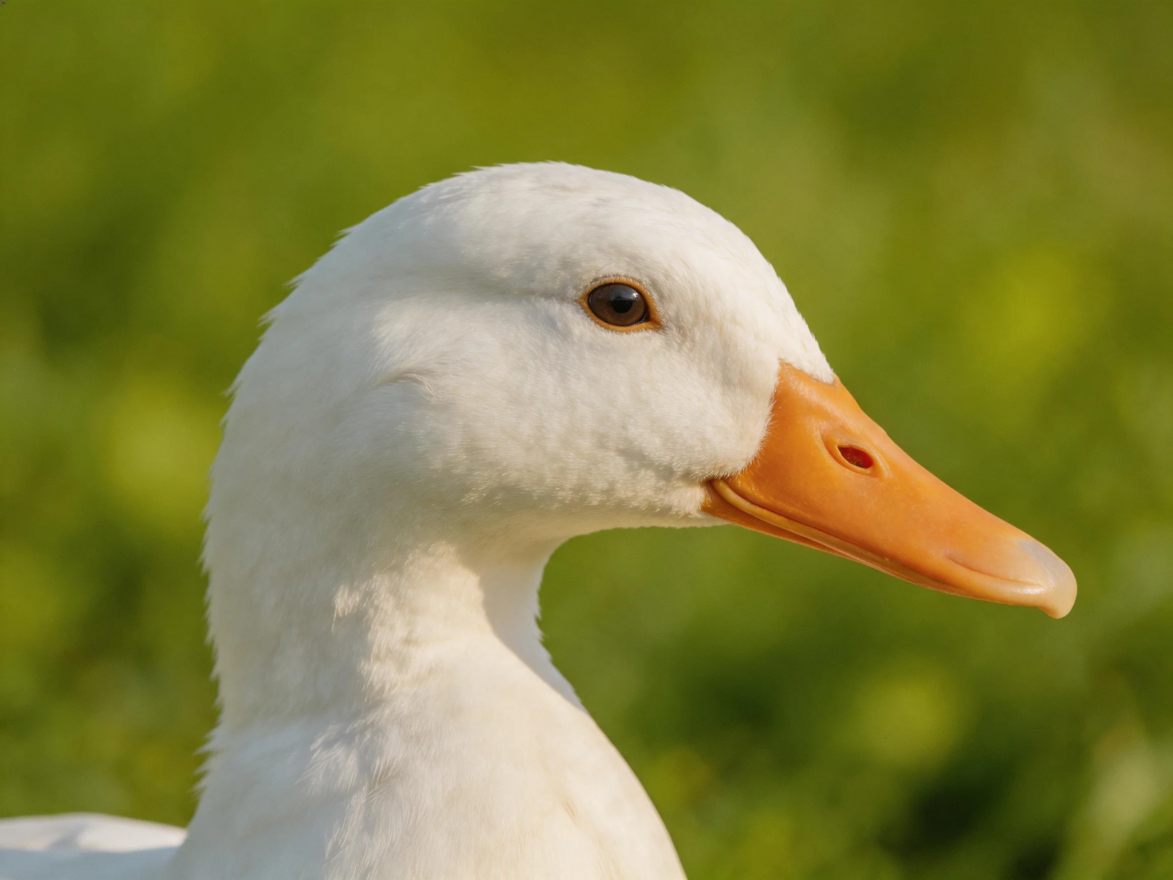 A white duck with an orange beak is photographed up close beside greenery.
