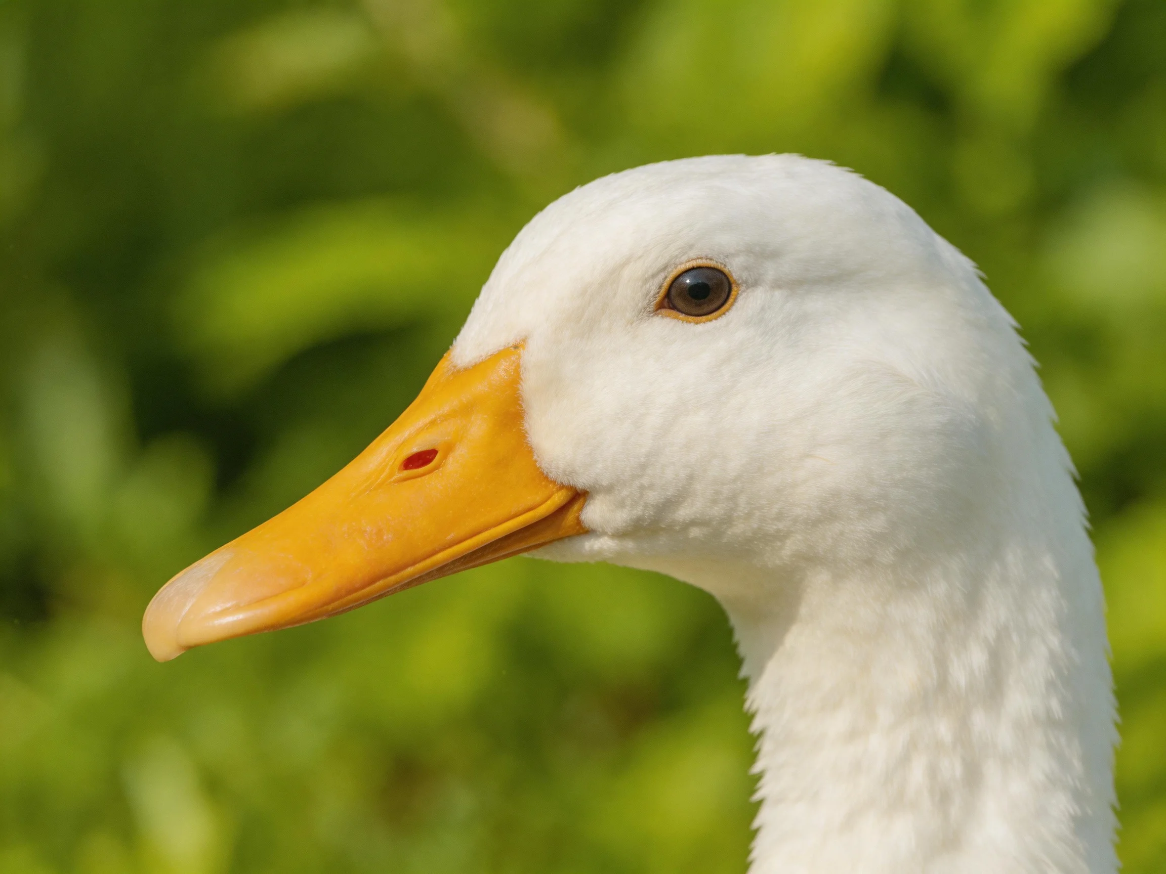 A white duck with an orange beak is photographed up close among greenery.