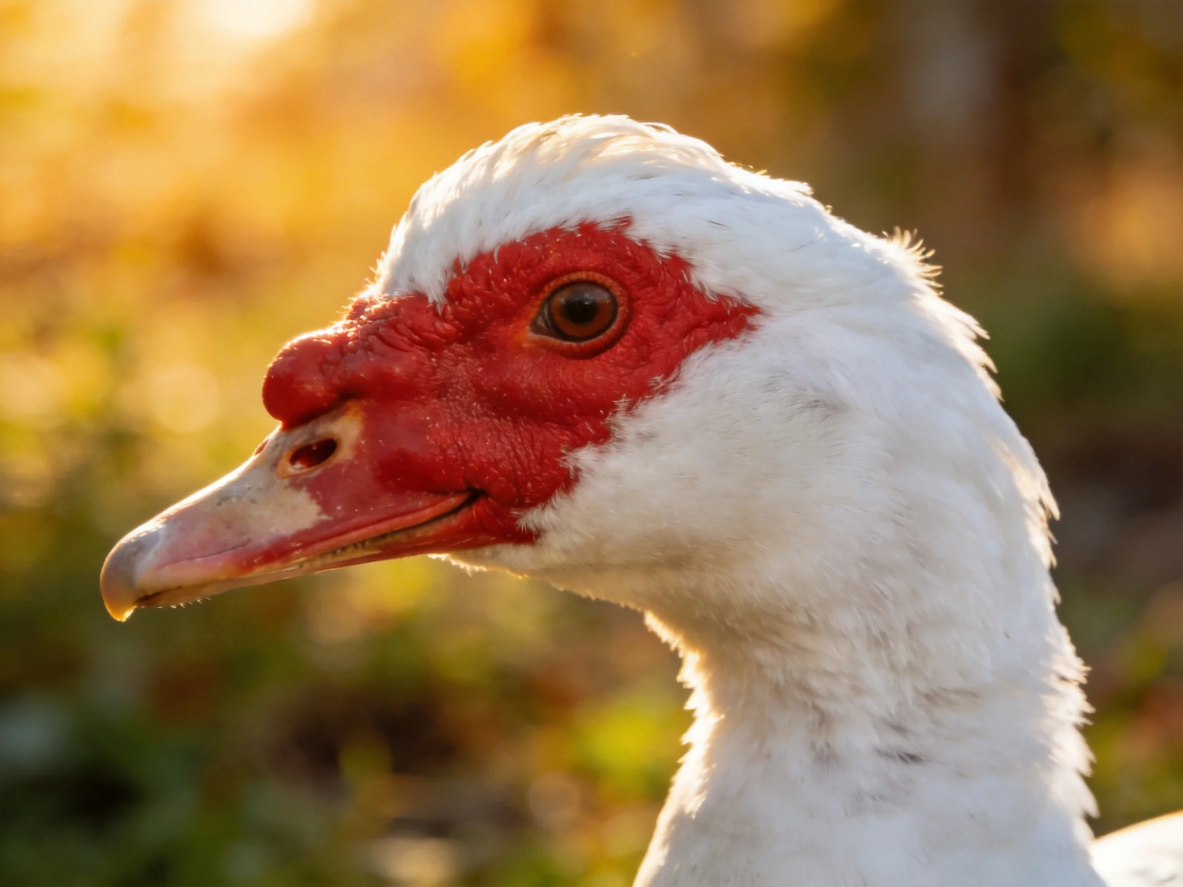 Close-up of a white duck with vibrant red facial skin in golden light