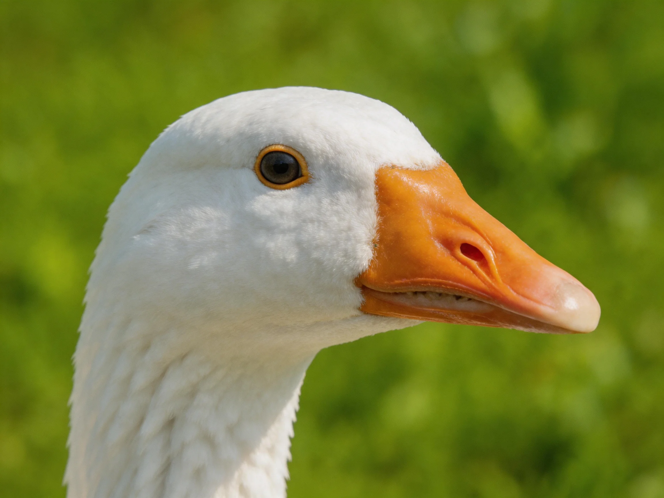 Close-up of a white-feathered goose with an orange beak against green foliage