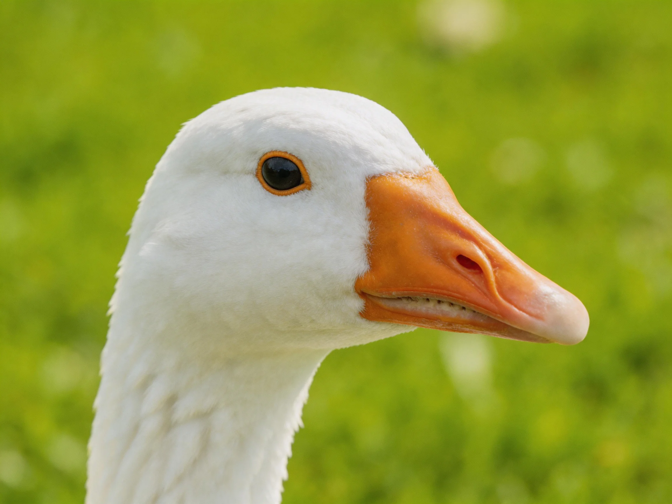 Close-up of a white goose with an orange beak against green blurred background