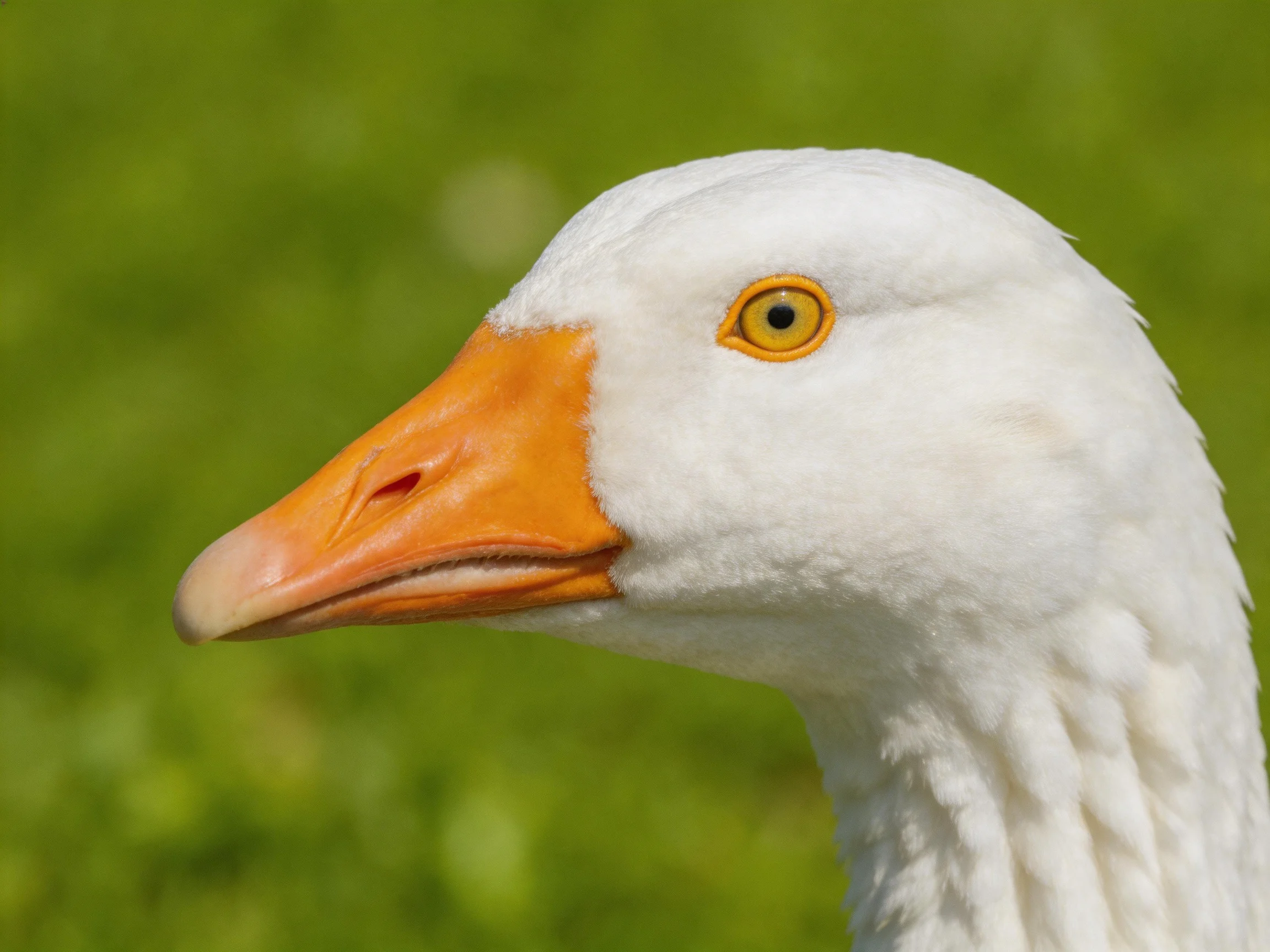 Close-up of a white goose with an orange beak near green foliage