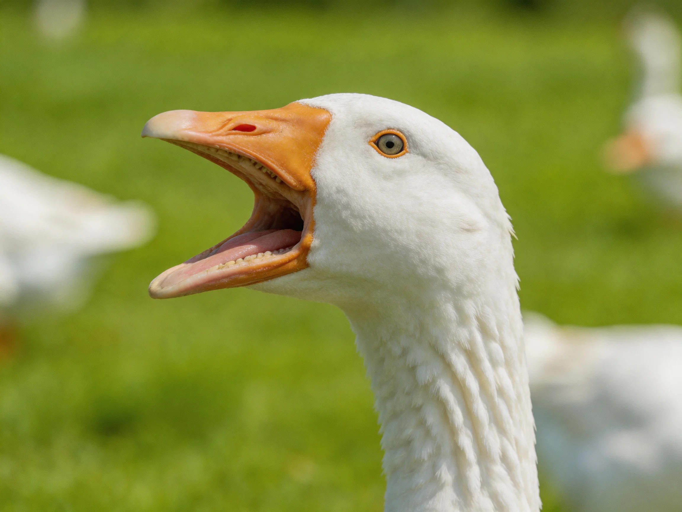 Close - up of a white goose with orange beak vocalizing in a grassy field