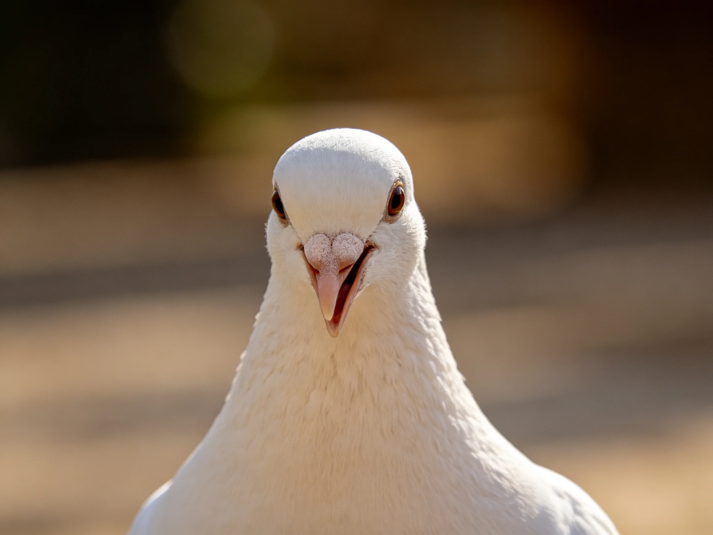 Close-up of a white pigeon with smooth plumage and warm lighting