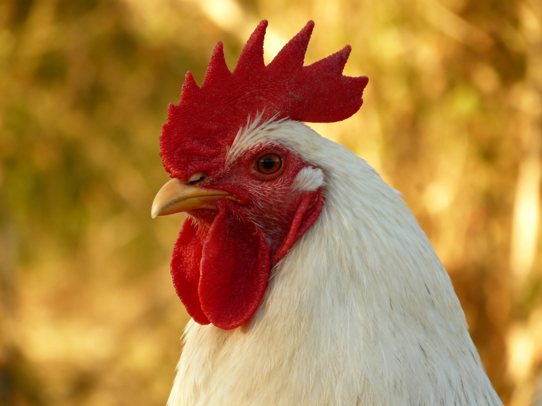 Close-up of a white rooster with vibrant red comb and wattles