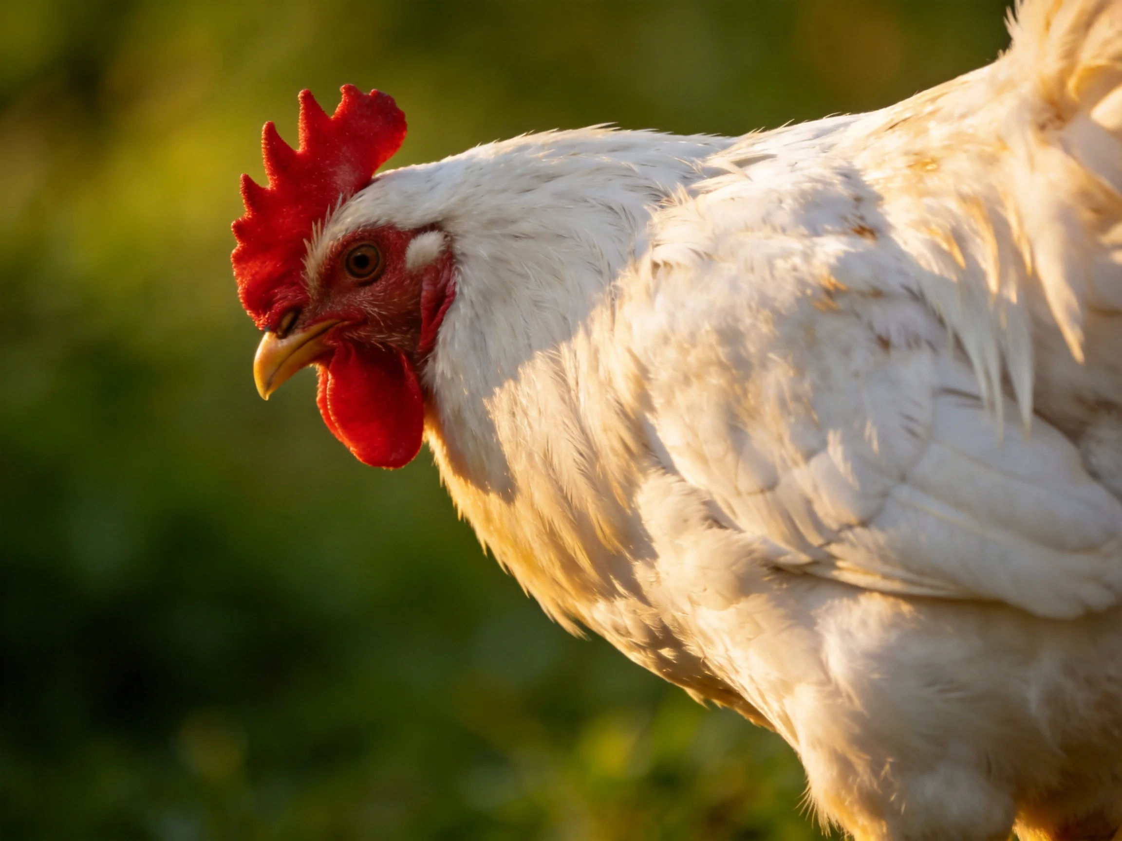 Close-up of a white rooster with vibrant red comb and wattles