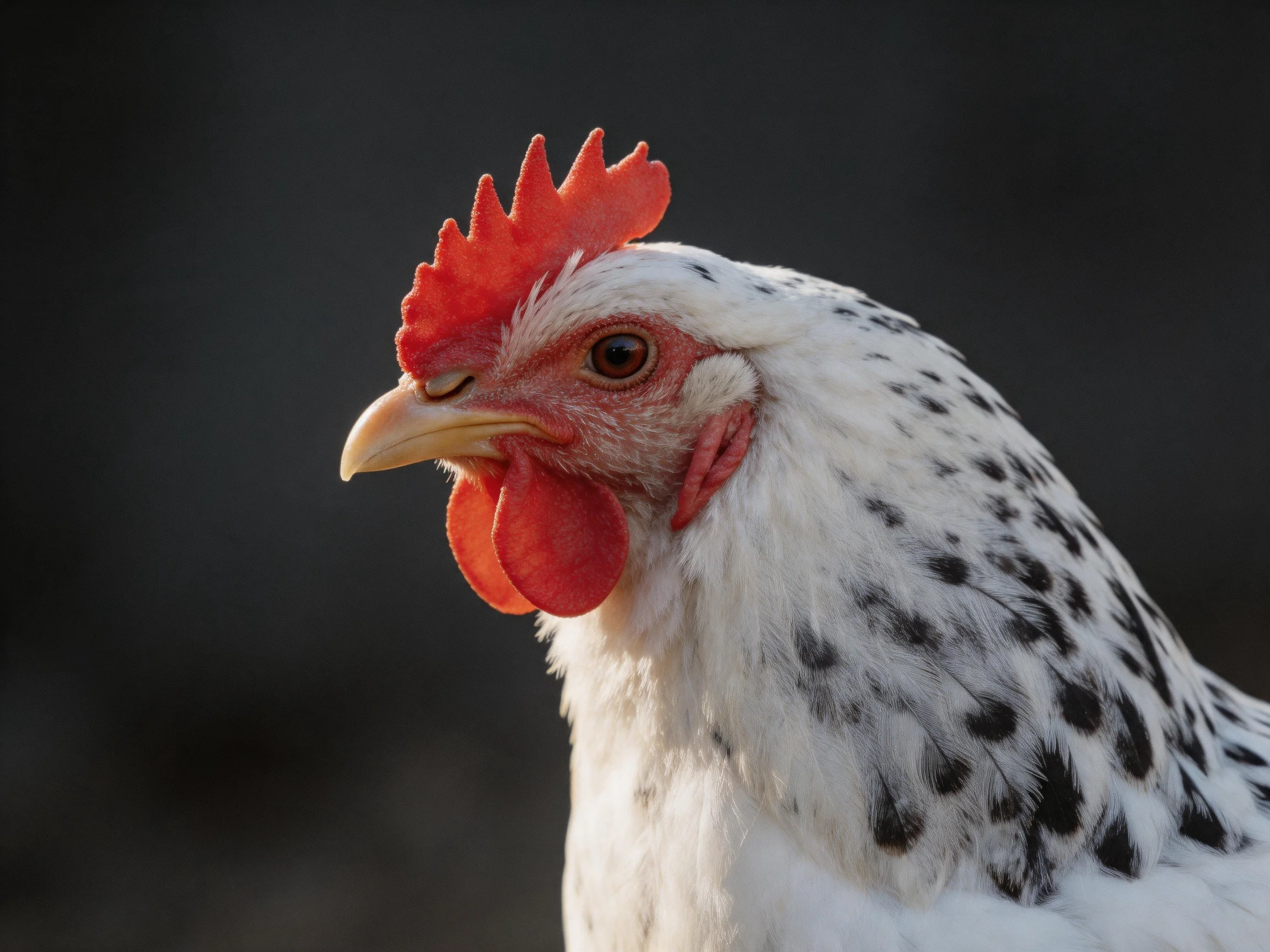 Close-up of a white-spotted chicken with bright red comb and wattles