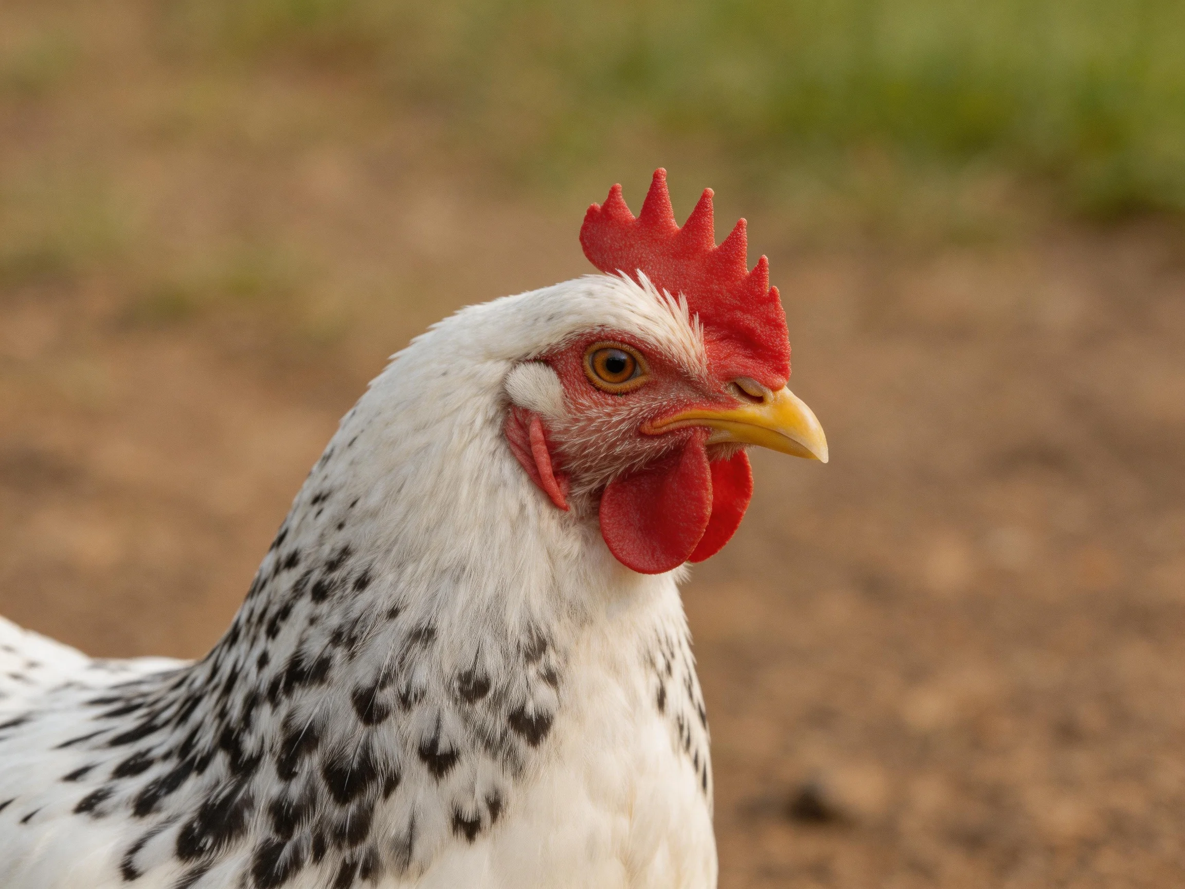 Close-up of a white-spotted chicken with red comb and yellow beak