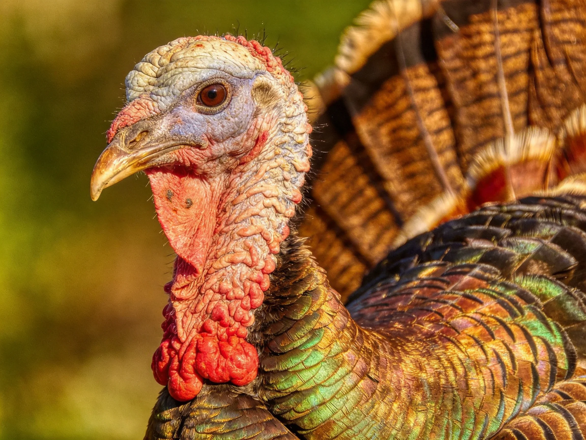 Close - up of a wild turkey with iridescent multicolored feathers and textured skin