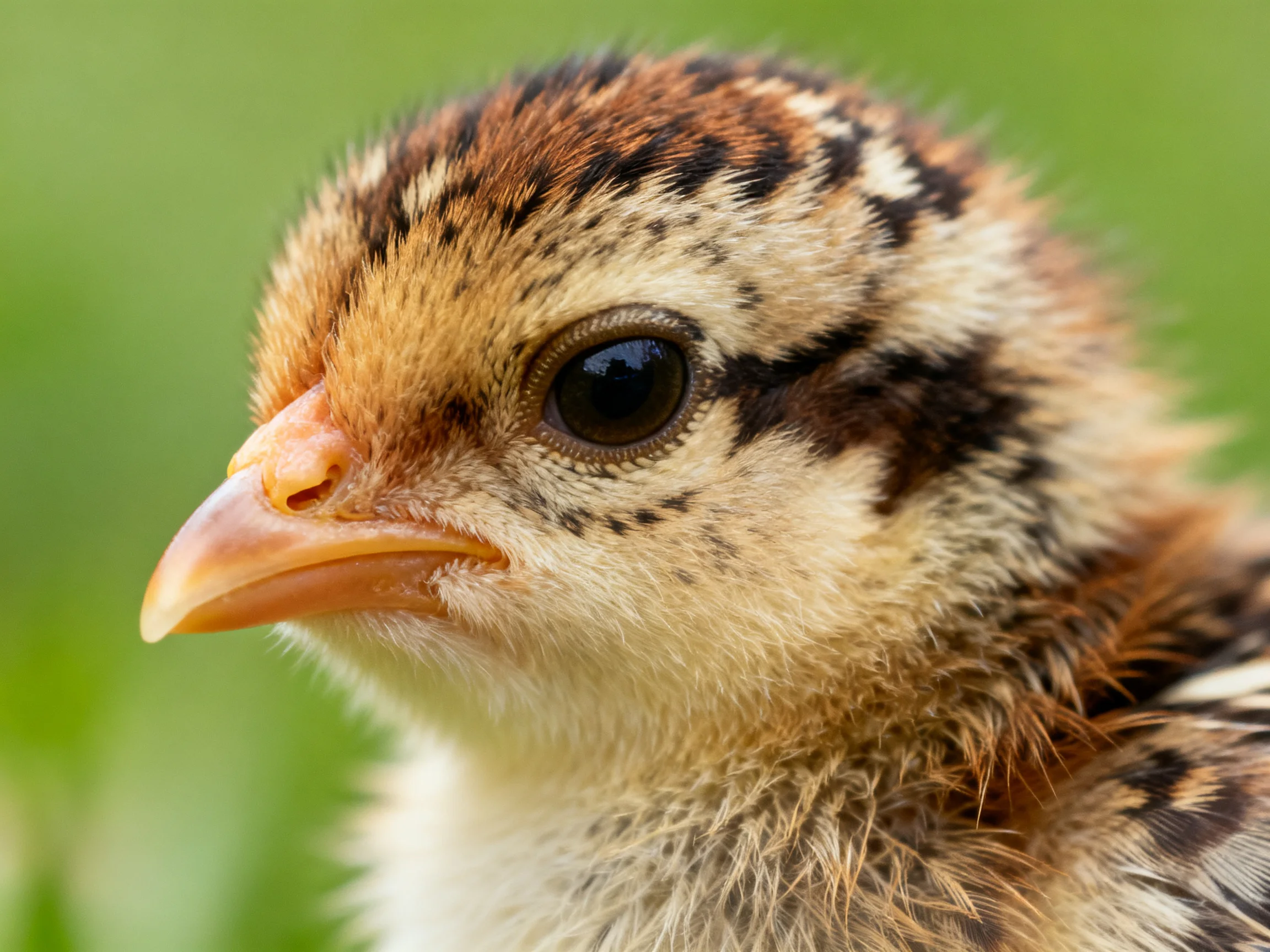 Close-up of a young chick with brown and black feather markings