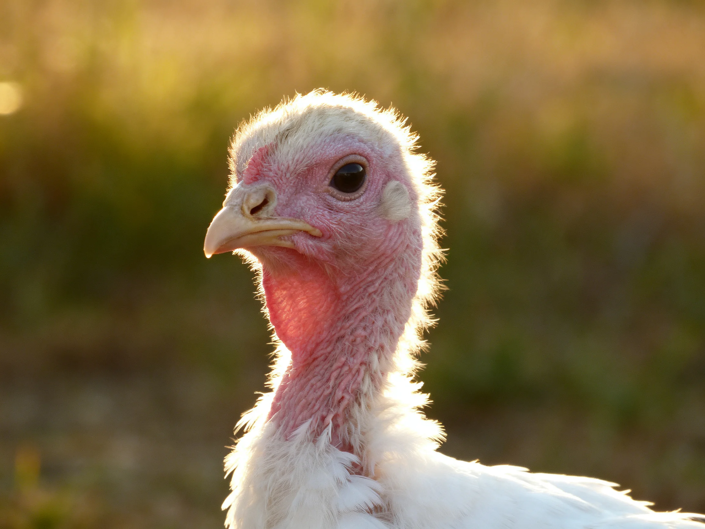 Close-up of a young turkey with white feathers and pink skin in natural setting