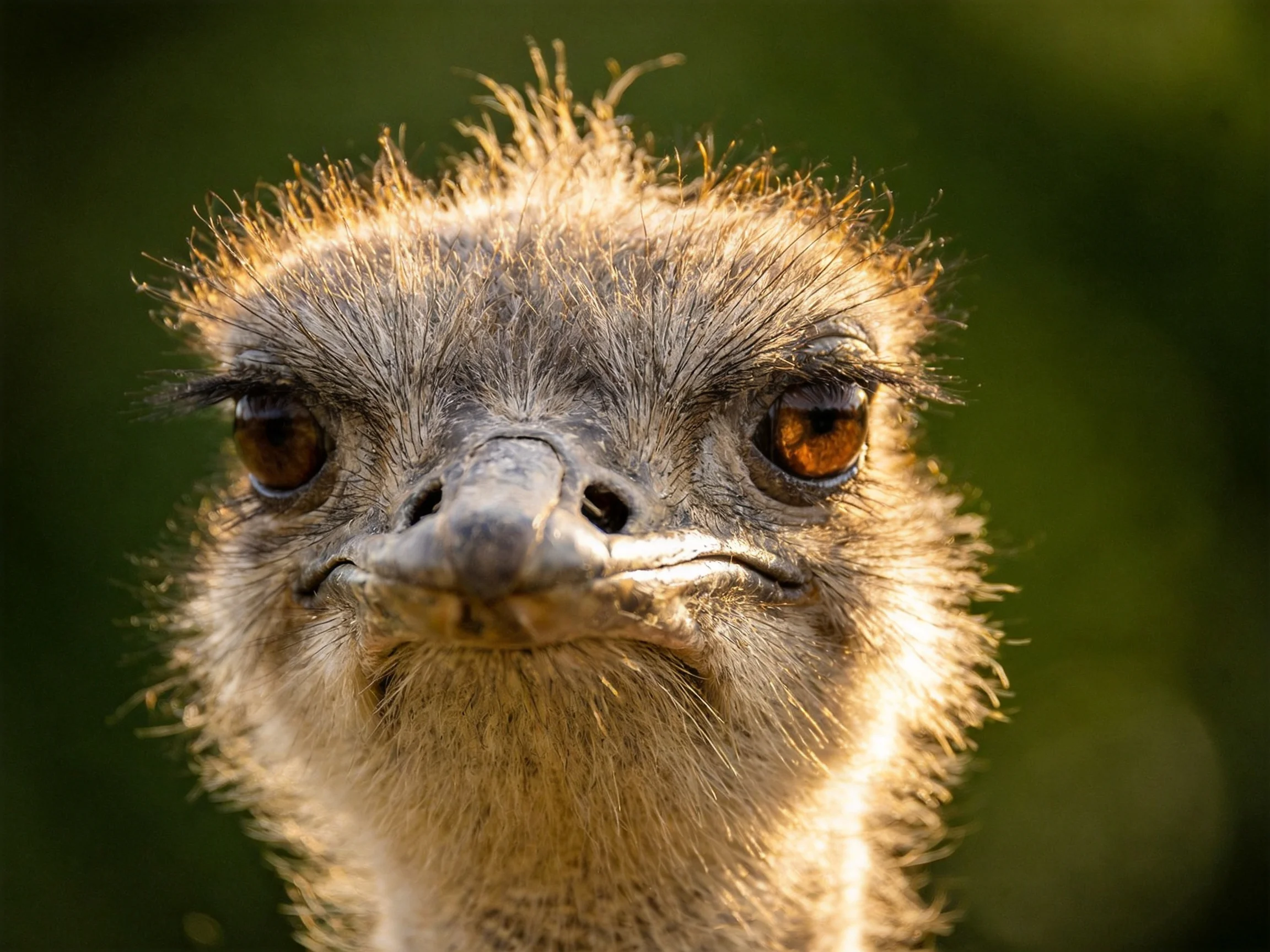 Close-up of an ostrich with golden-brown feathers and intense gaze