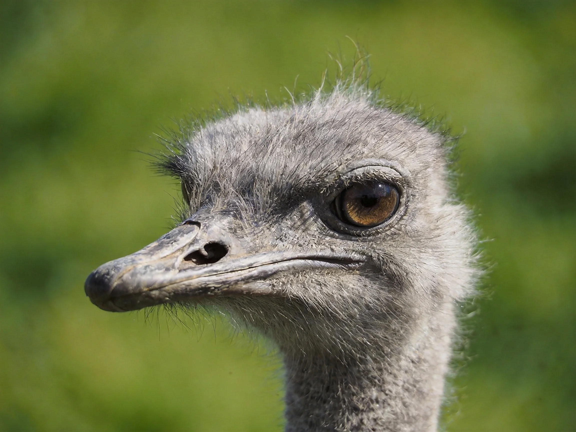 Close-up of an ostrichs head with gray feathers and brown eye