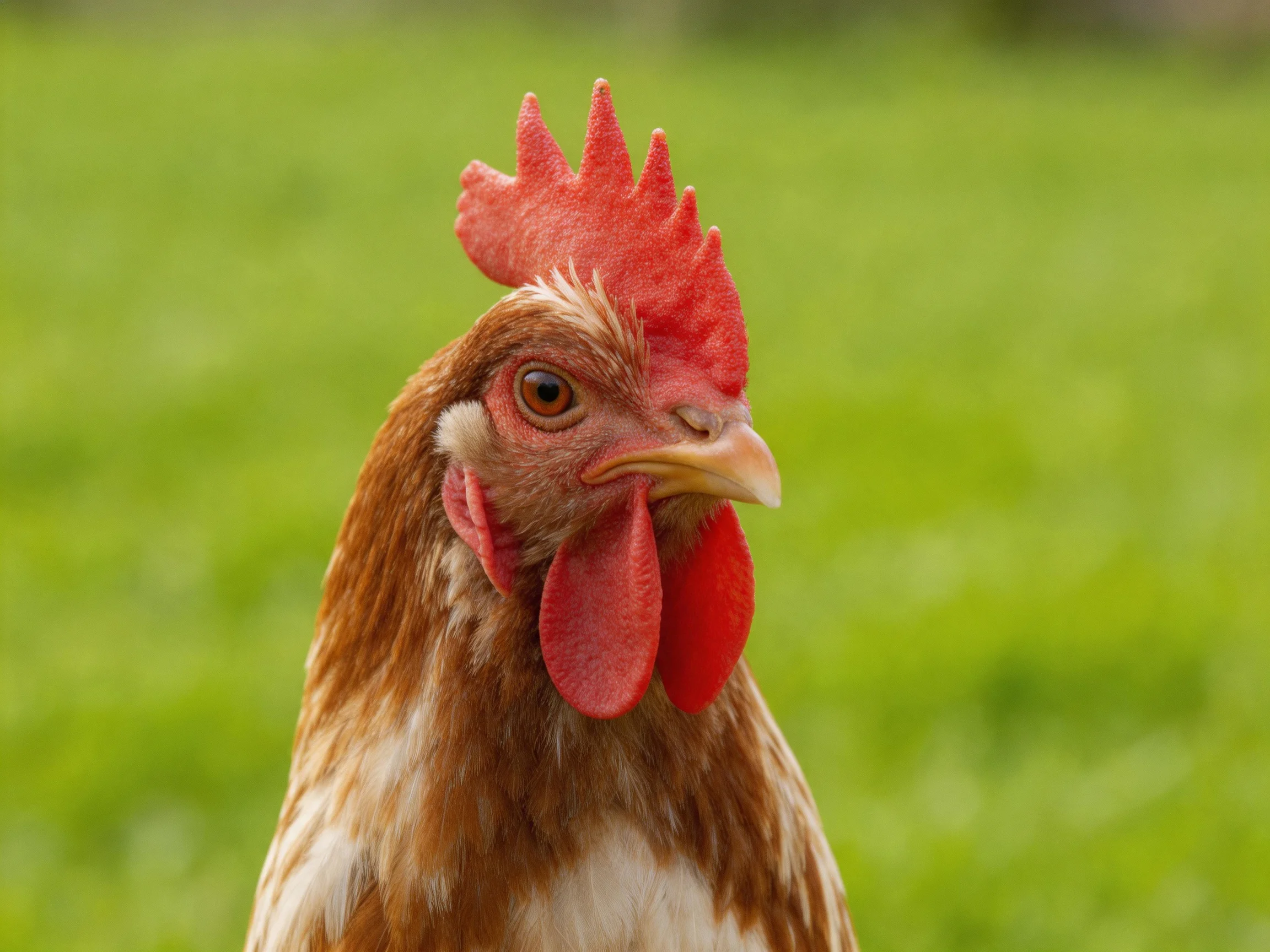 Close-up of brown and white chicken with bright red comb and wattles