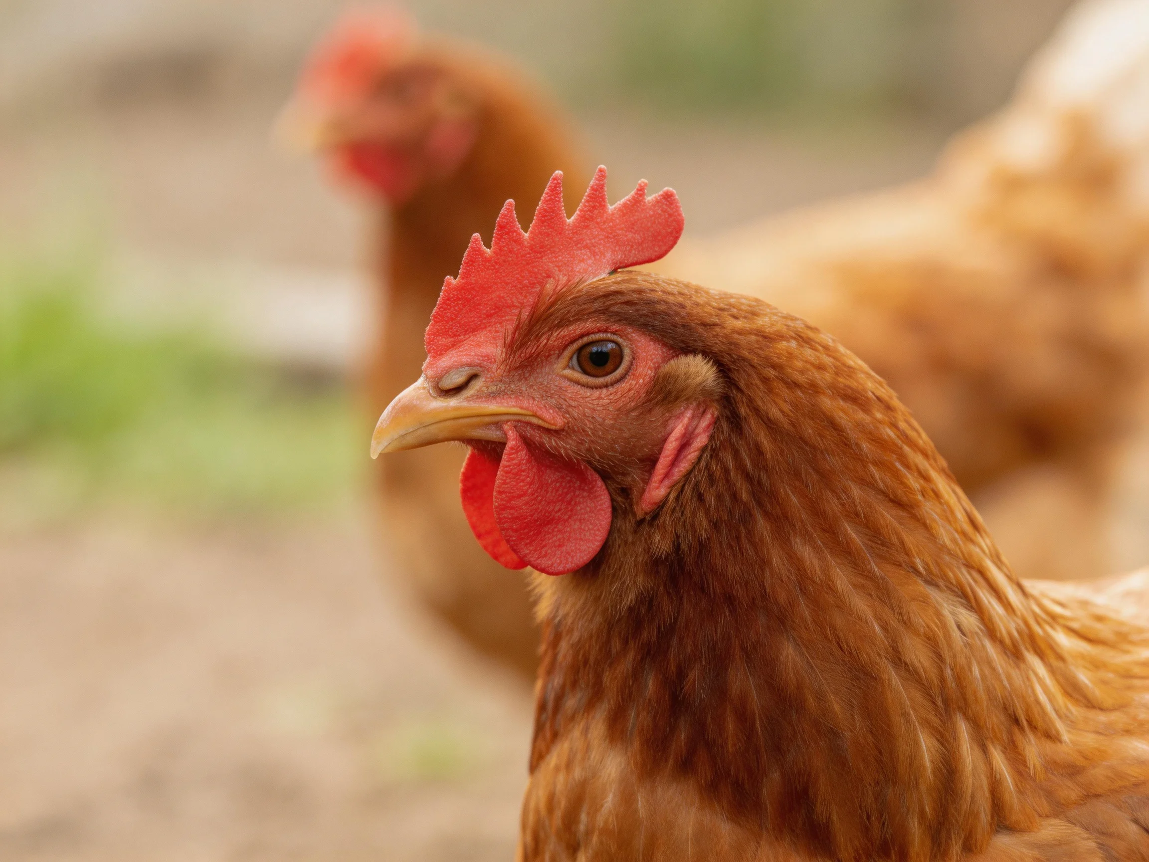 Close-up of reddish-brown hens with bright red combs outdoors