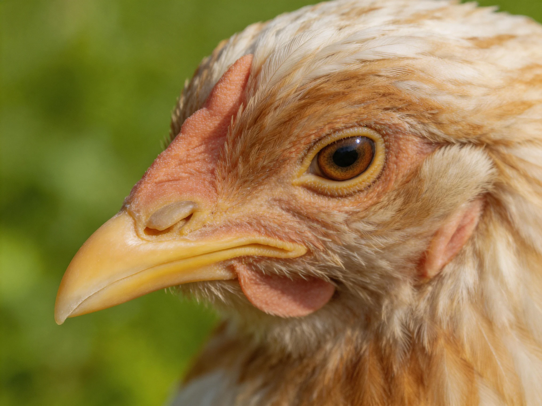 Close - up portrait of a chicken with brown and white feathers