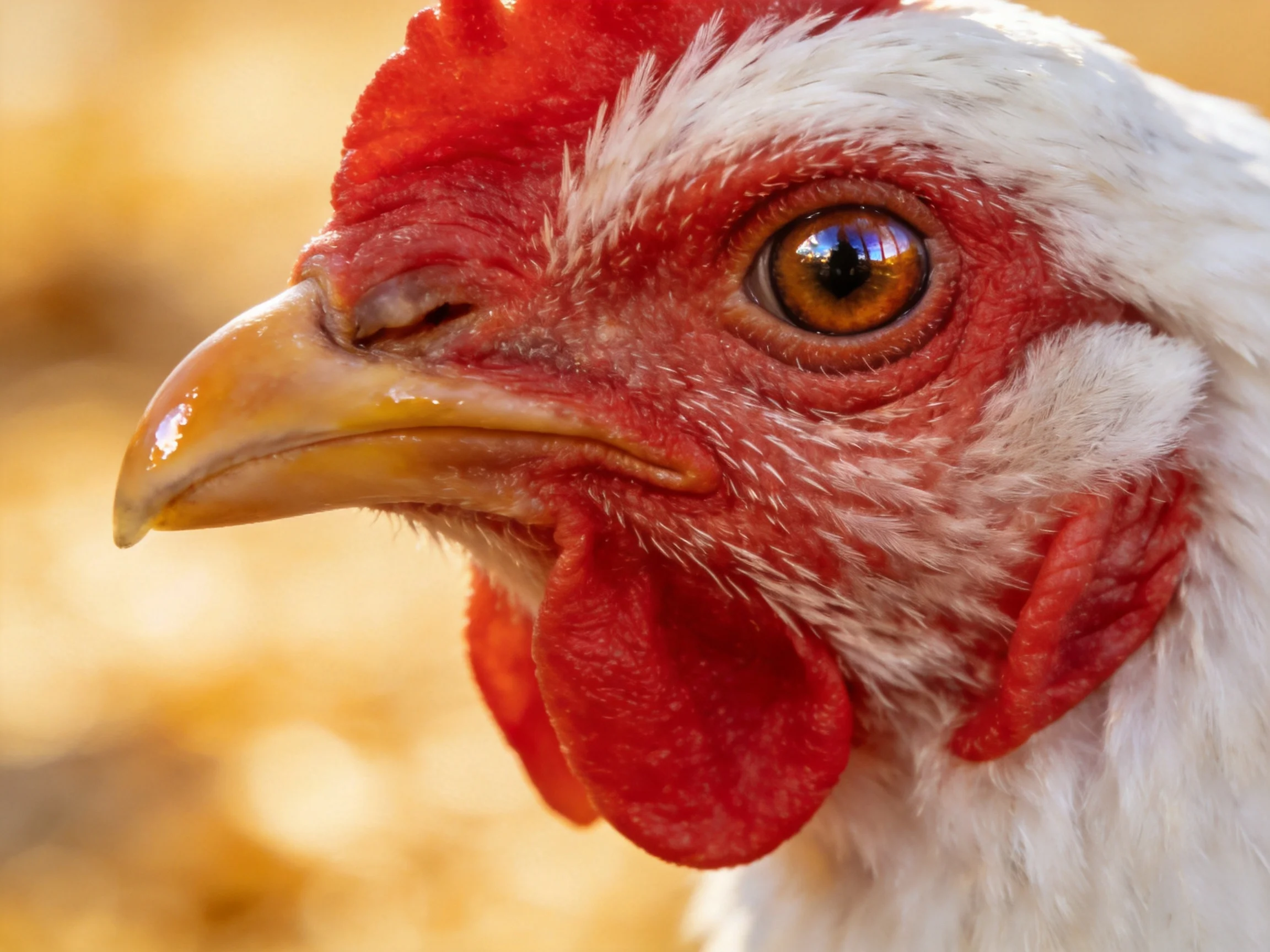 Close - up view of a chicken’s head with red comb and white feathers