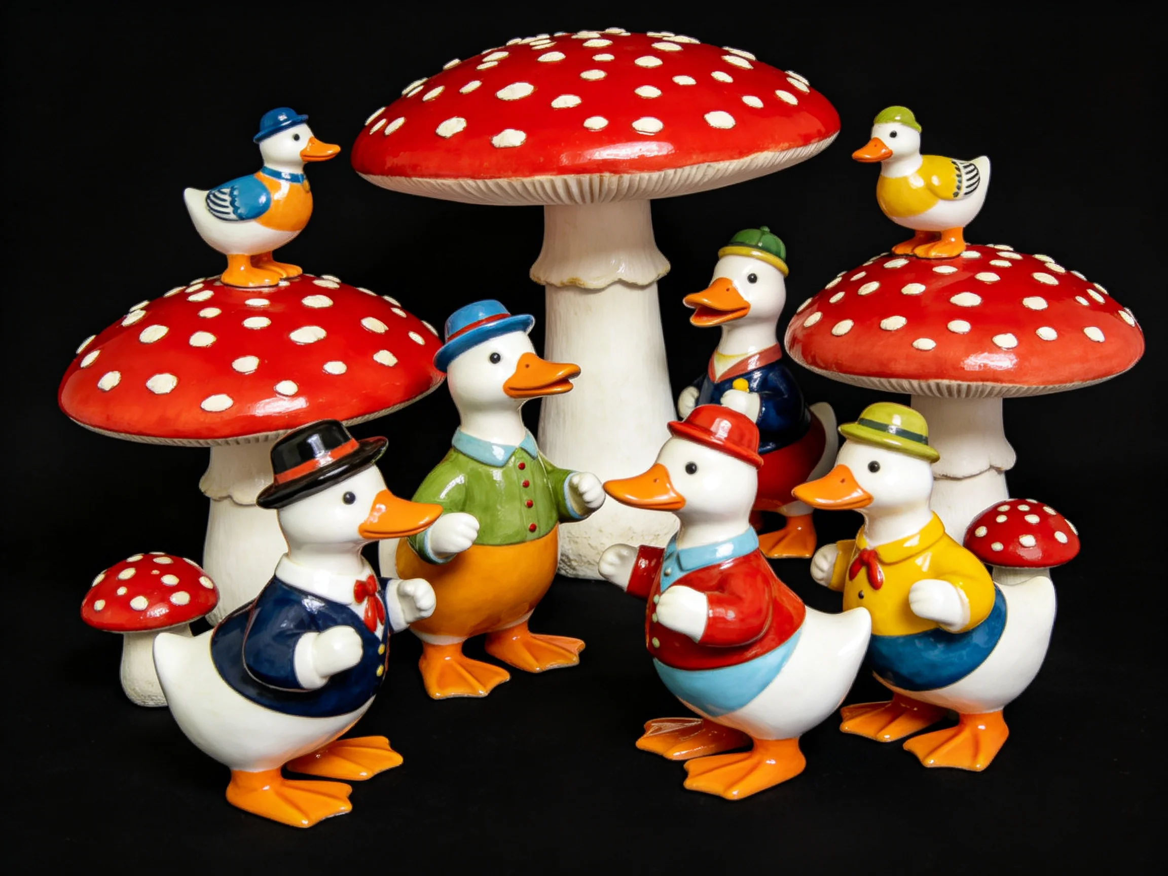 Colorful Duck Figurines Arranged Around Red Spotted Mushrooms
