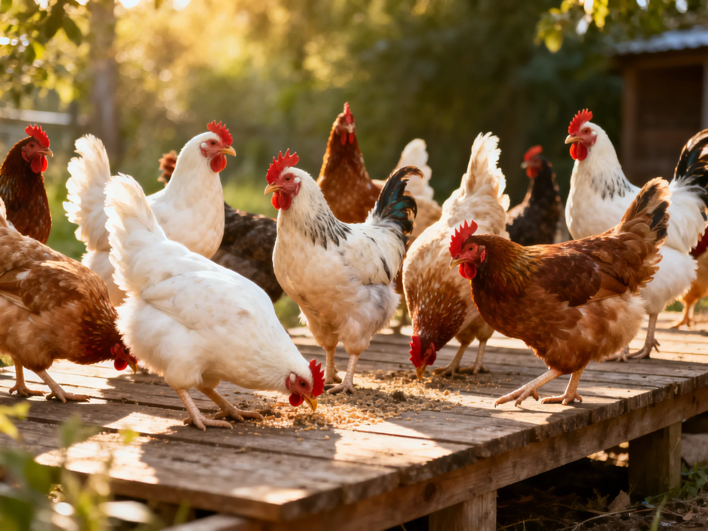 Colorful chickens gather on a wooden platform feeding in sunlight