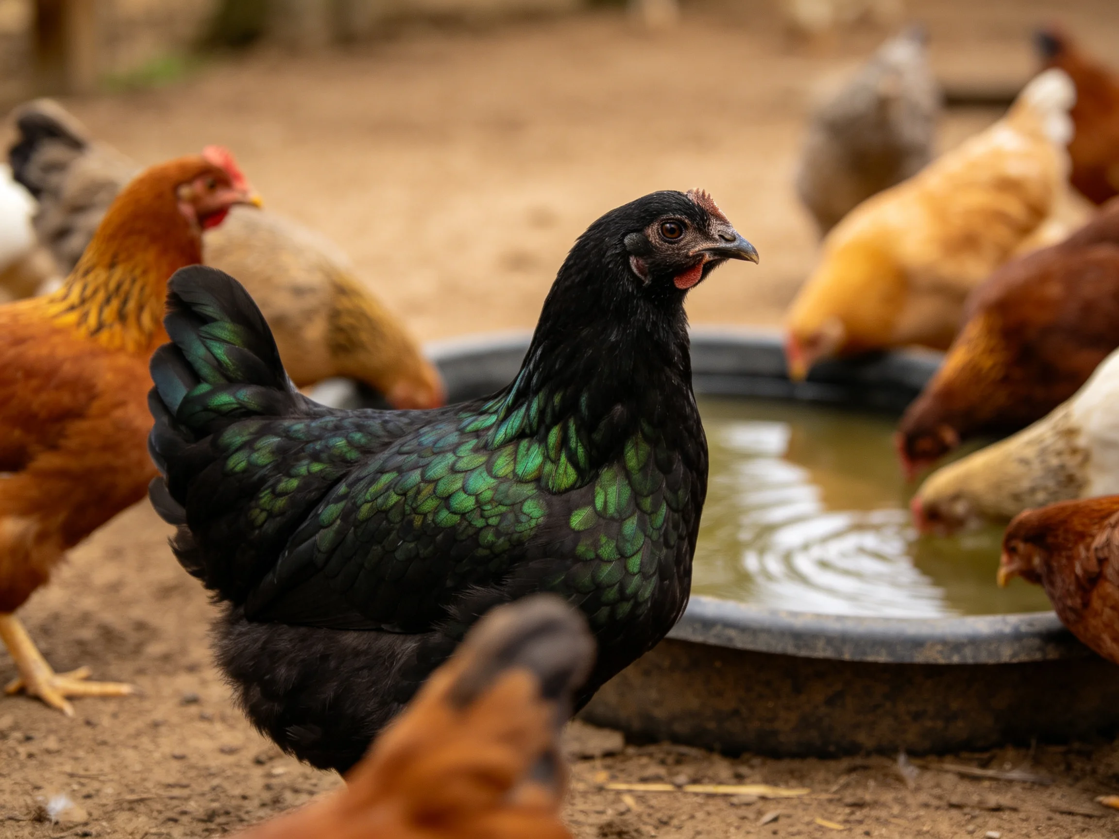 Colorful chickens gathered around water bowl including iridescent black chicken