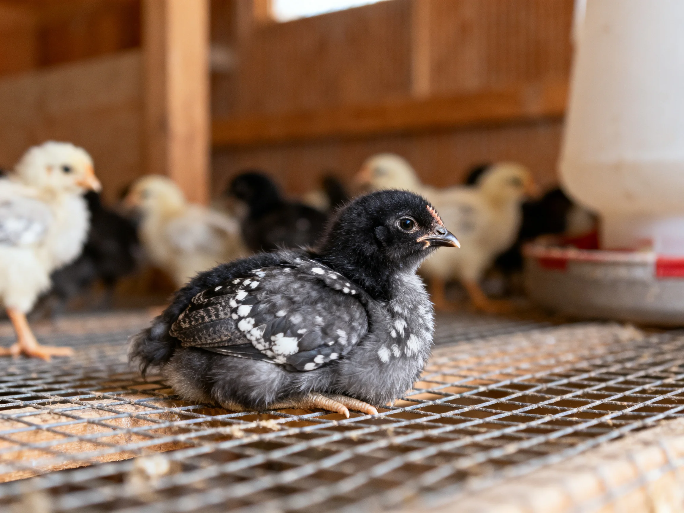 Colorful chicks in a wooden coop with wire flooring