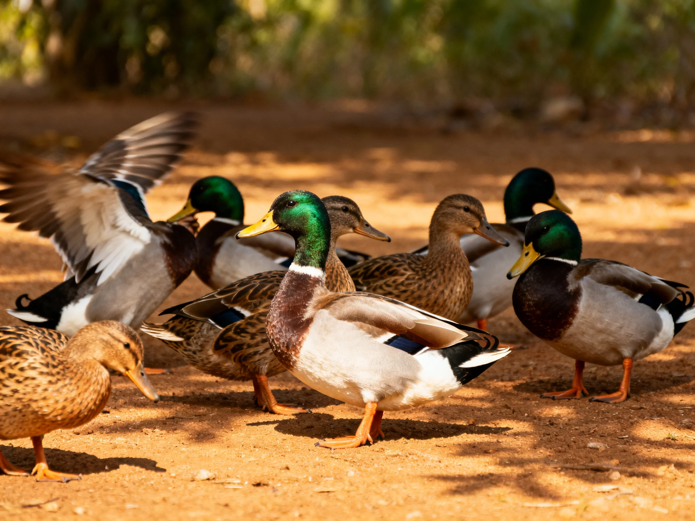 Colorful ducks with green heads gather on a sunlit dirt path