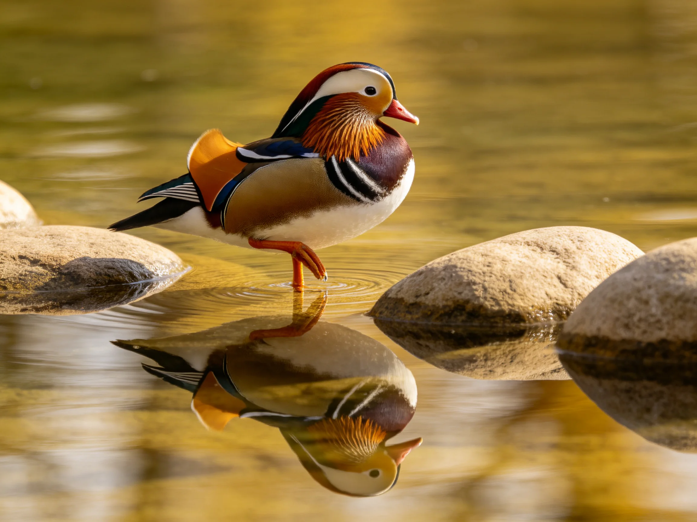 Colorful mandarin duck standing in reflective shallow water among smooth stones