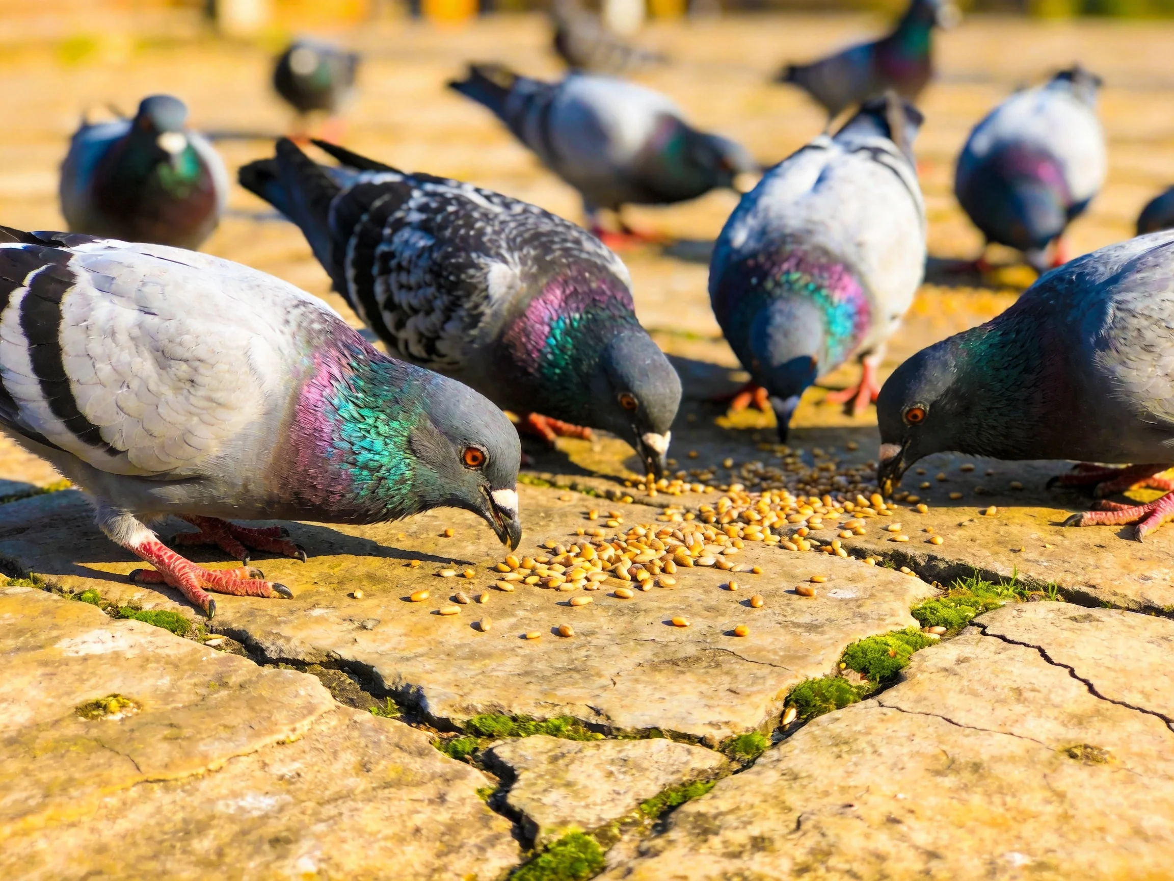 Colorful pigeons feeding on seeds atop cracked stone pavement