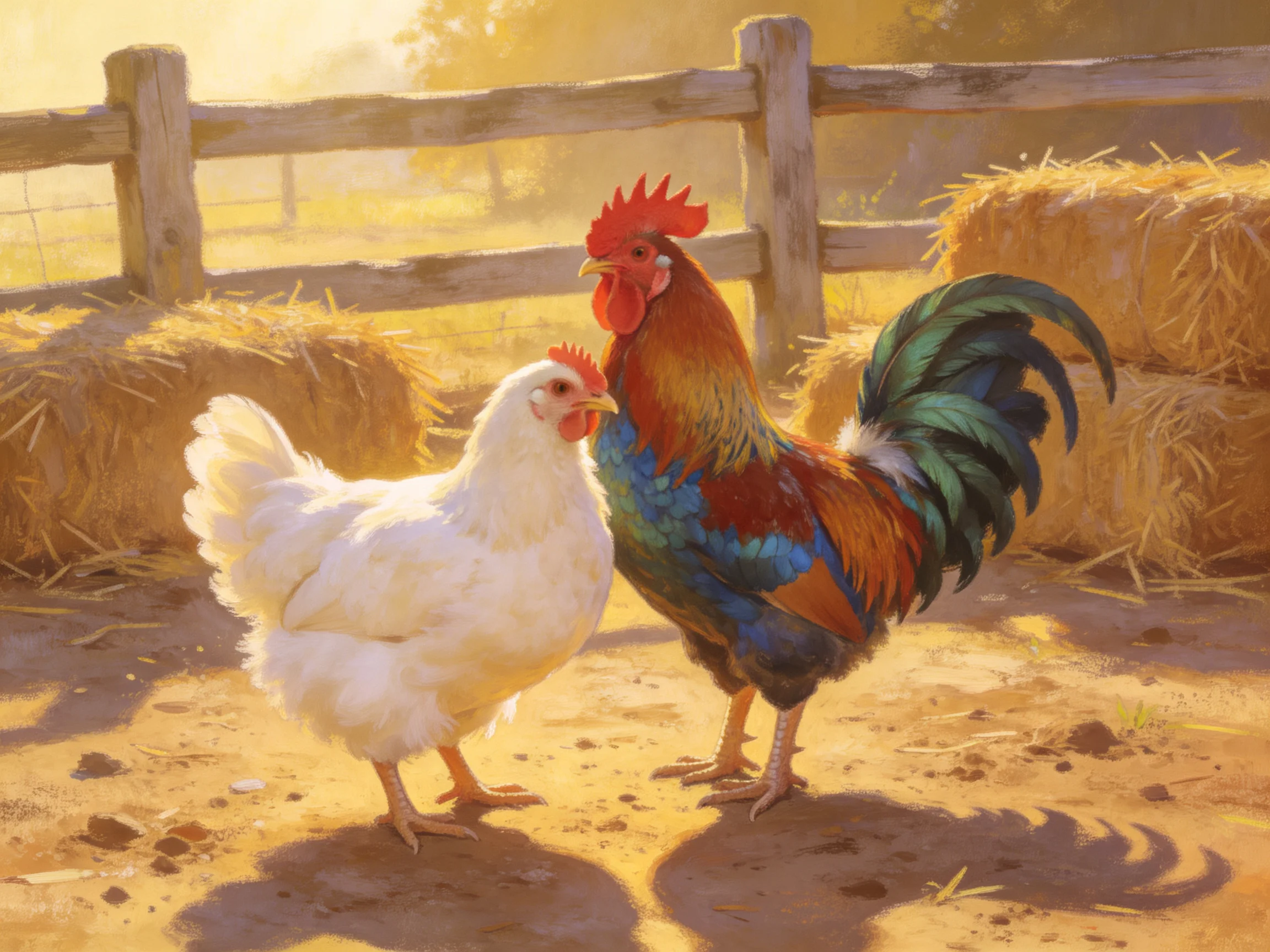A colorful rooster and white hen stand together in a sunlit farm setting with hay bales and a wooden fence.
