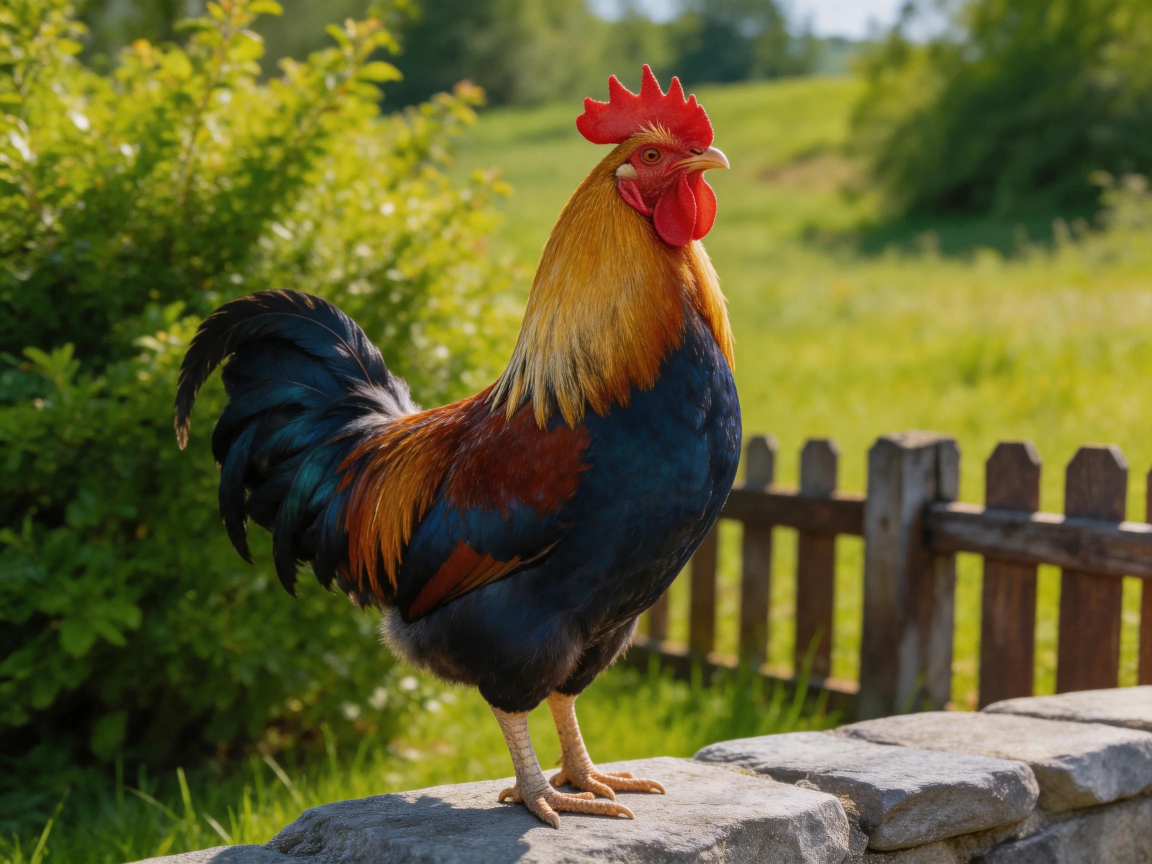 A vibrant rooster stands on a stone ledge next to a wooden fence in a bright, green outdoor area.