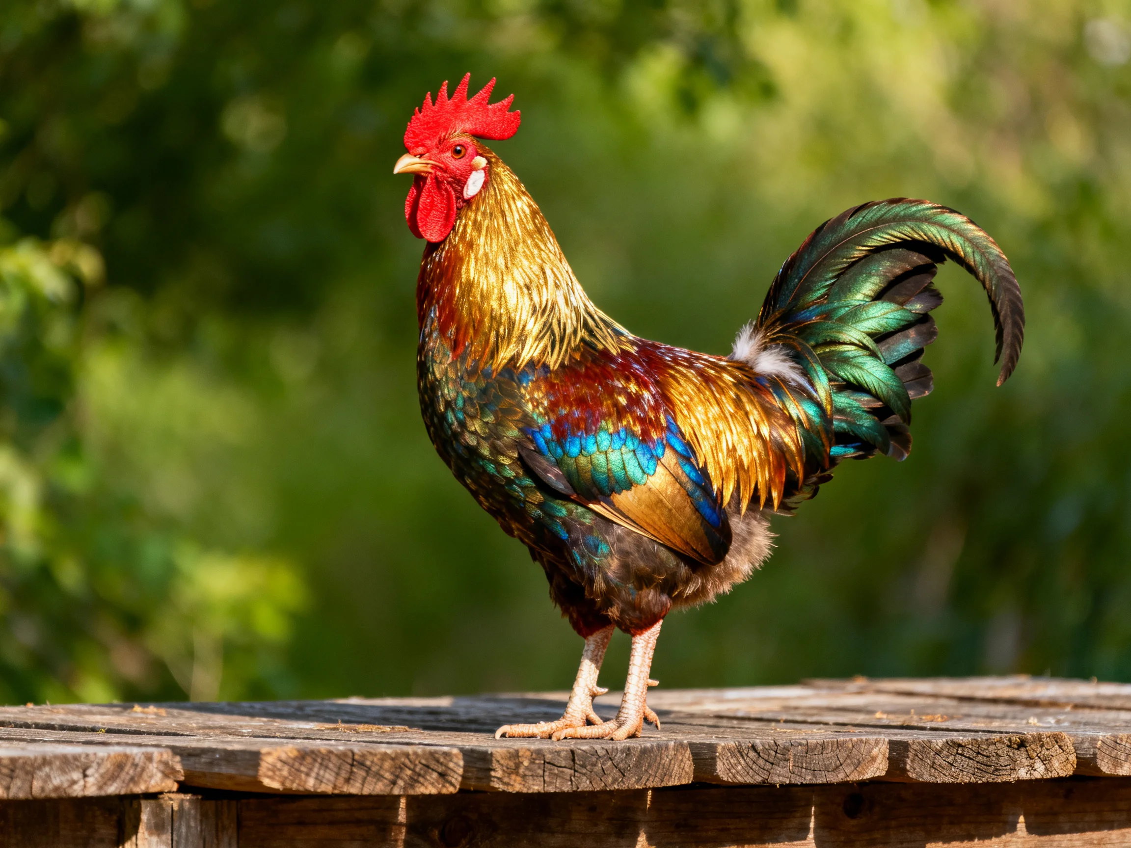 Colorful rooster stands on weathered wooden planks near green foliage