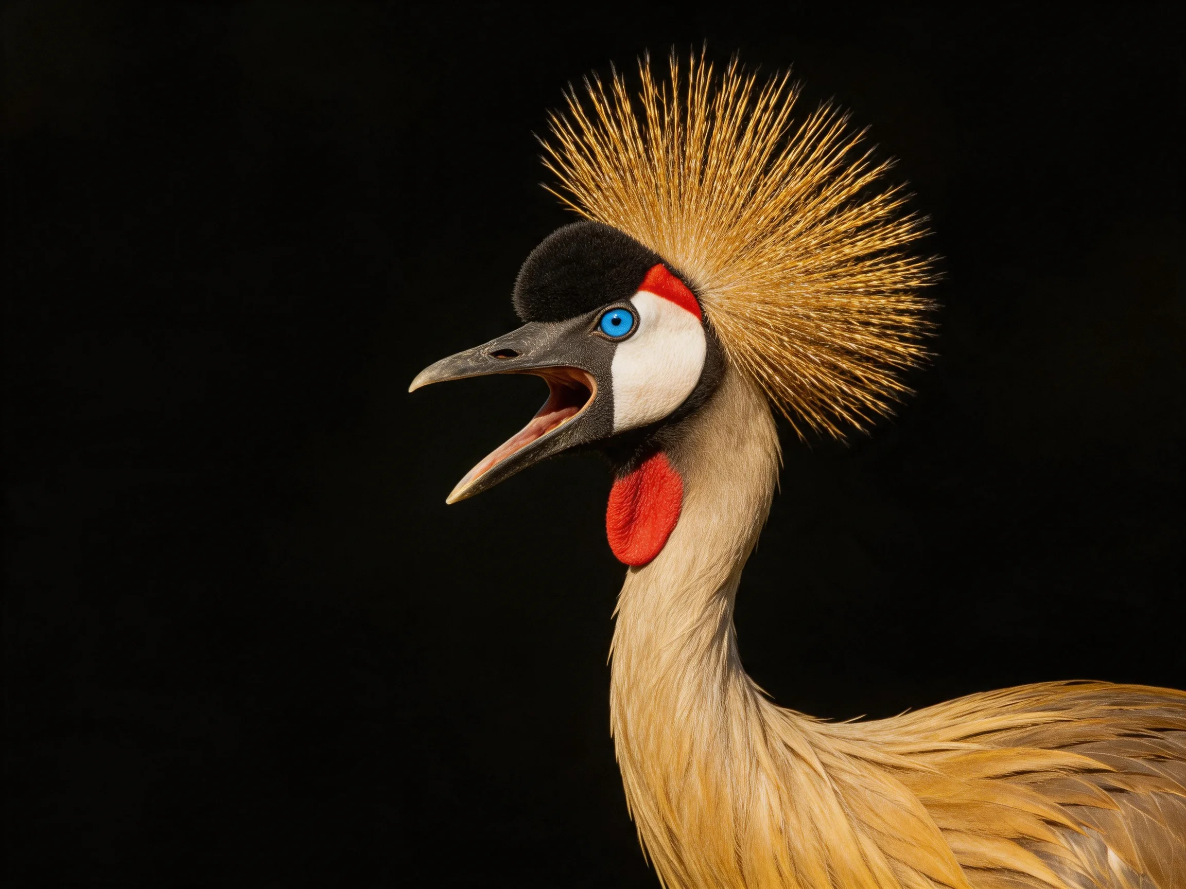 Crested crane with golden crest, red wattle, and blue eye
