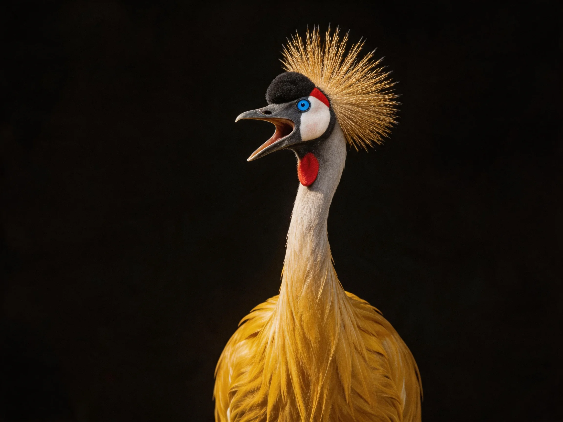 Crested crane with golden crown and vibrant facial markings