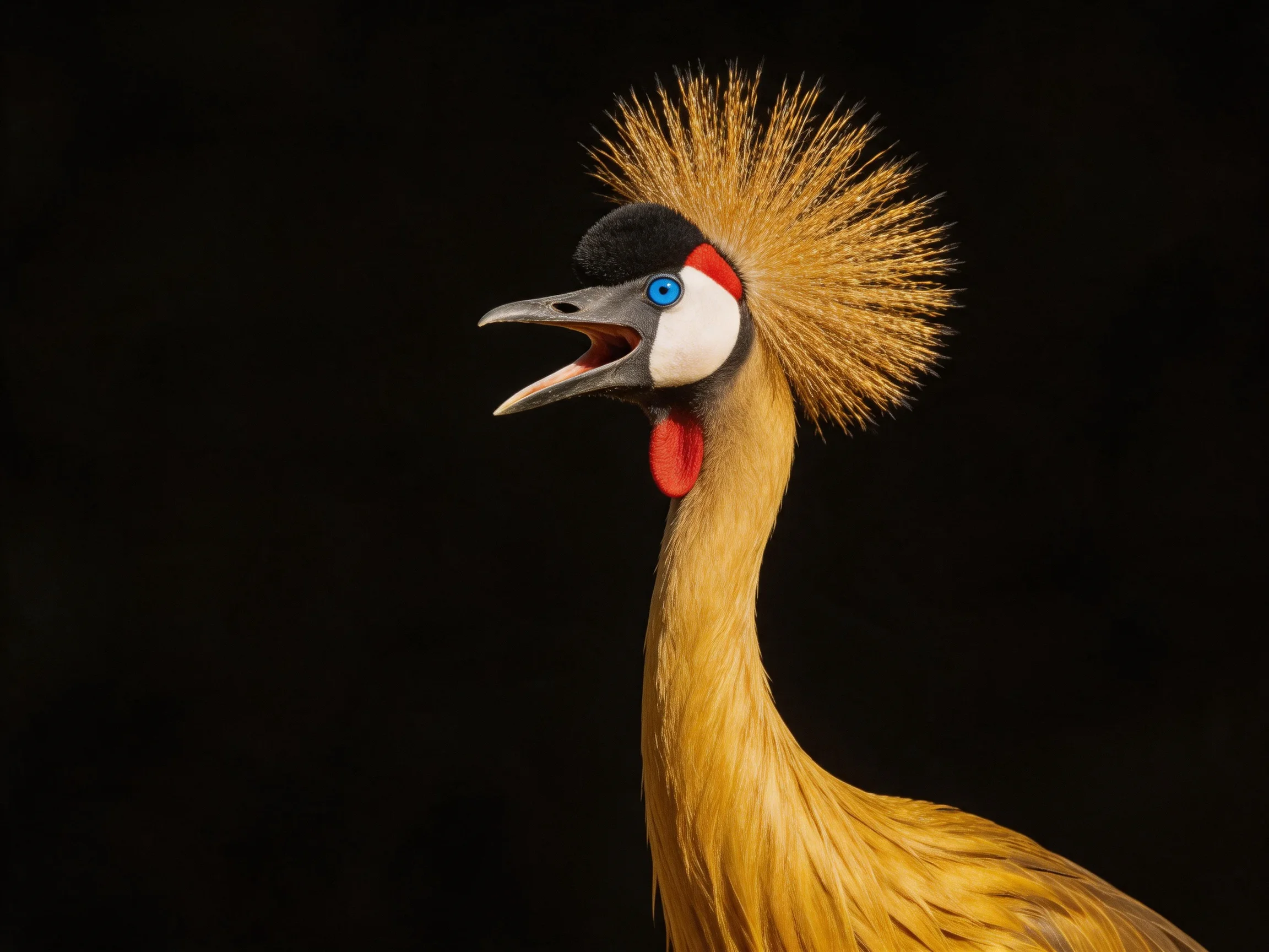 Crested crane with golden plumage and colorful facial details