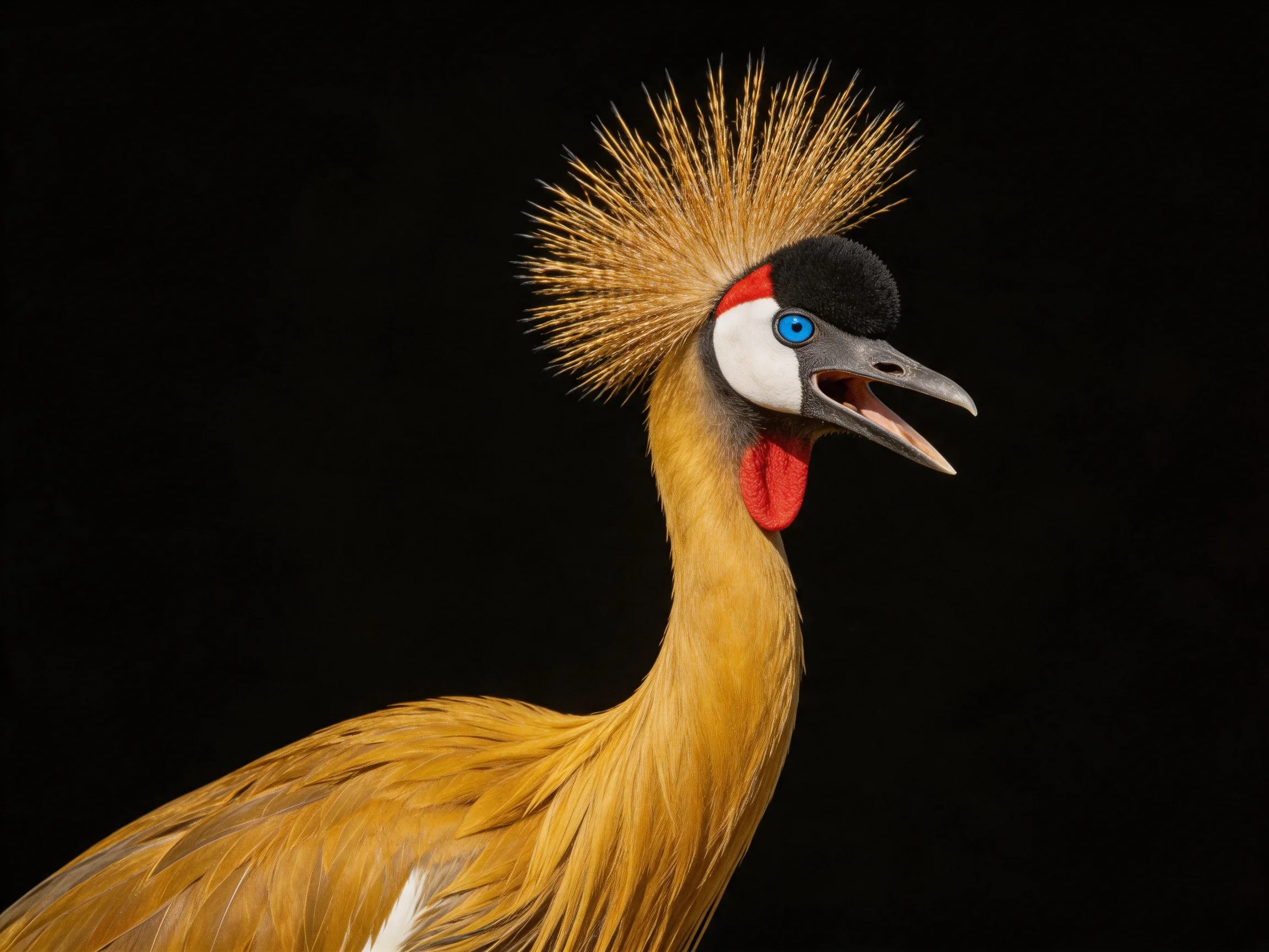 Crested crane with golden plumage and vibrant facial markings