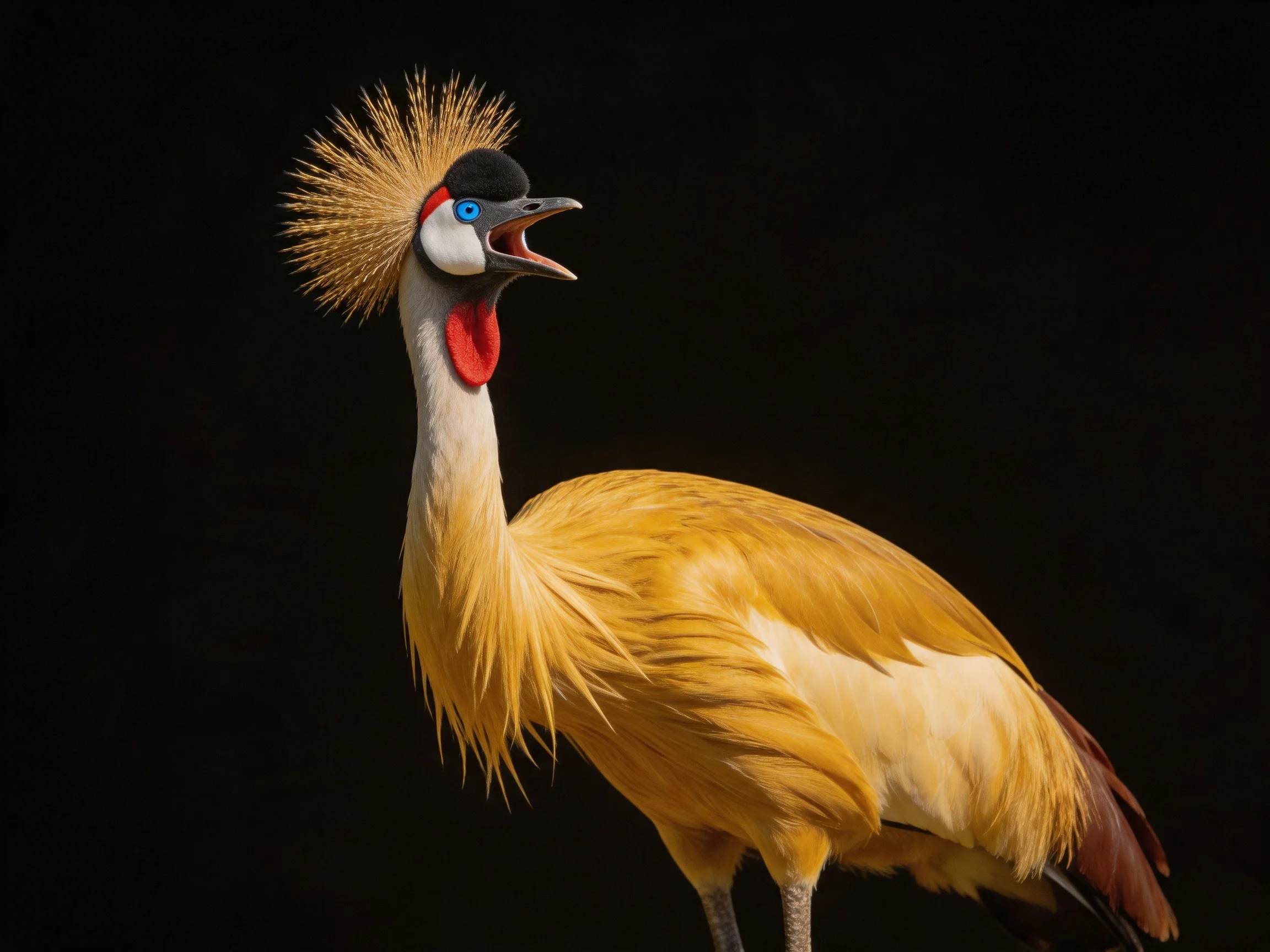 Crested crane with golden plumage and vibrant facial markings