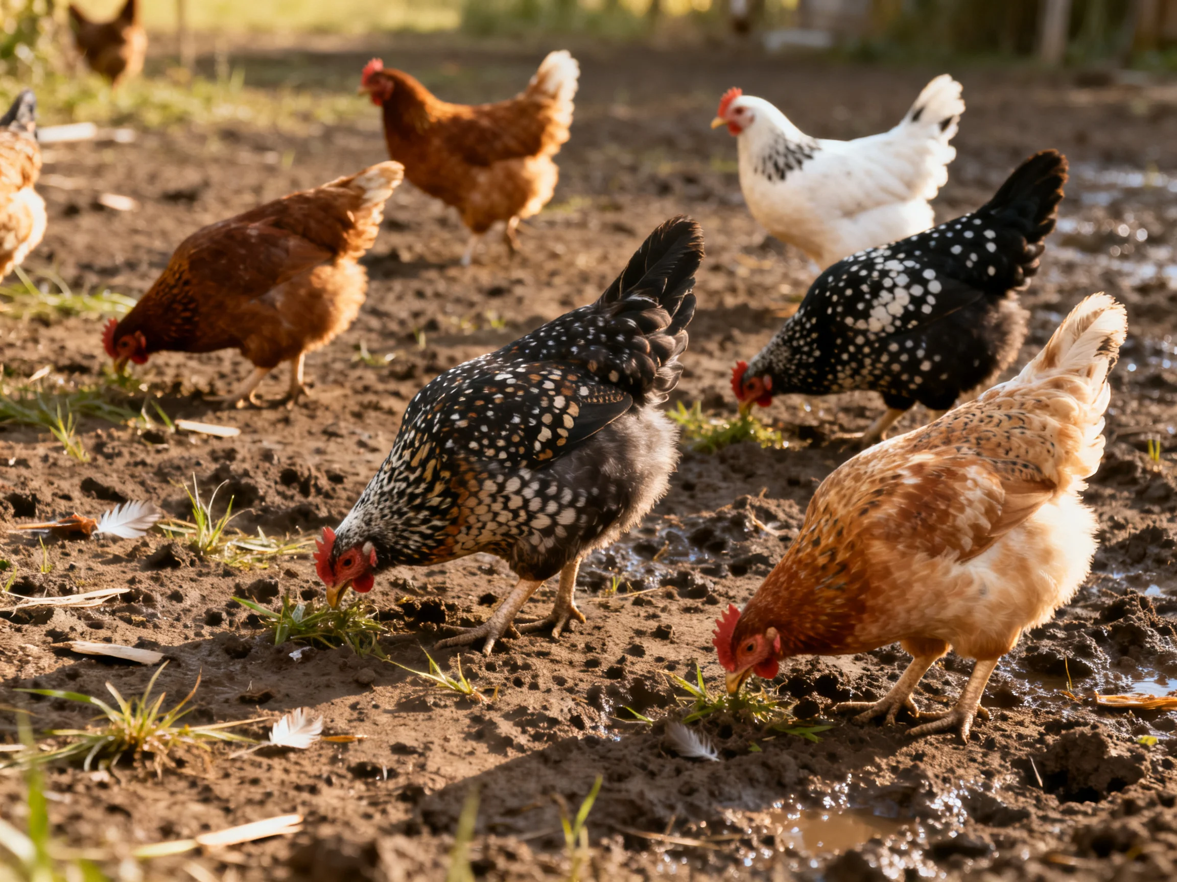 Diverse flock of chickens pecking in muddy farm terrain with varied feather colors