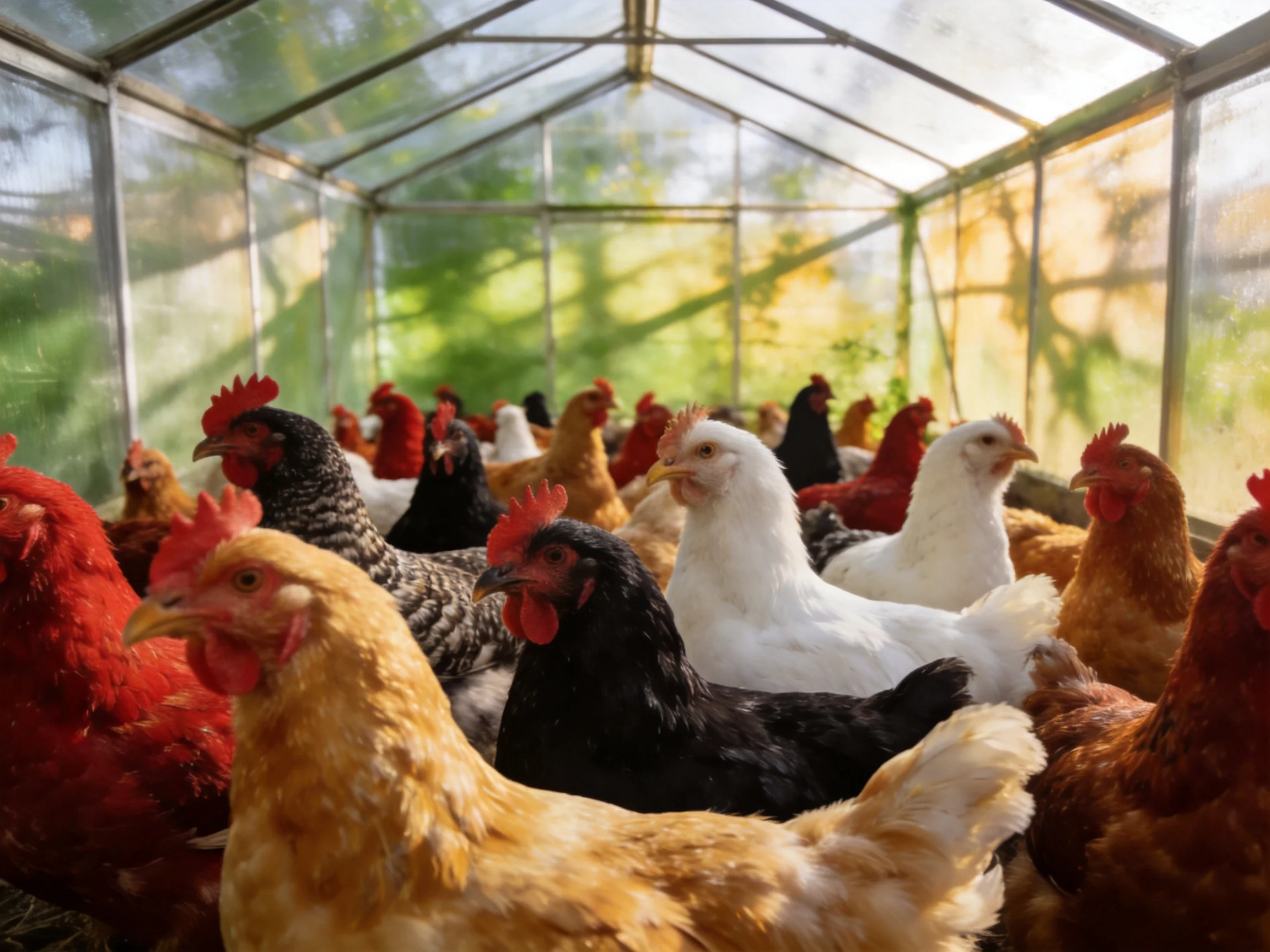 Diverse flock of colorful chickens in transparent greenhouse