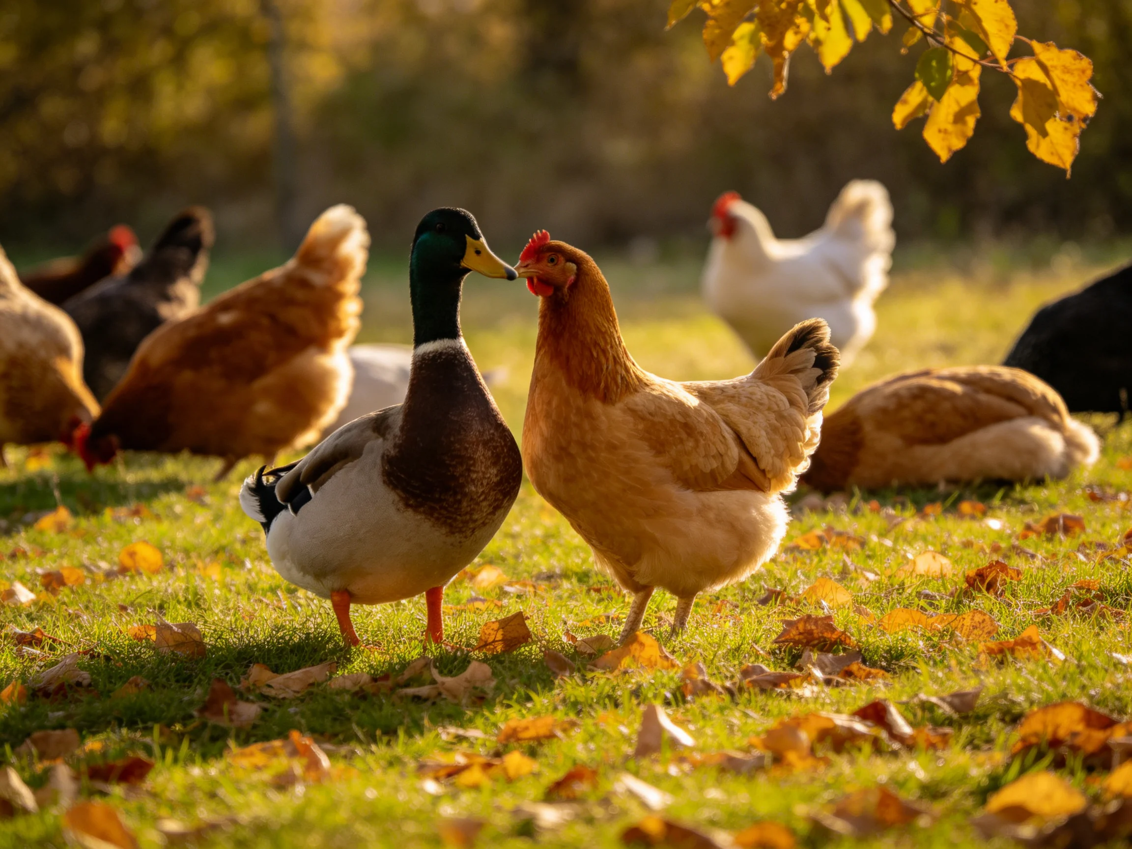 Ducks and chickens interact on a leaf-littered grassy field with autumn sunlight