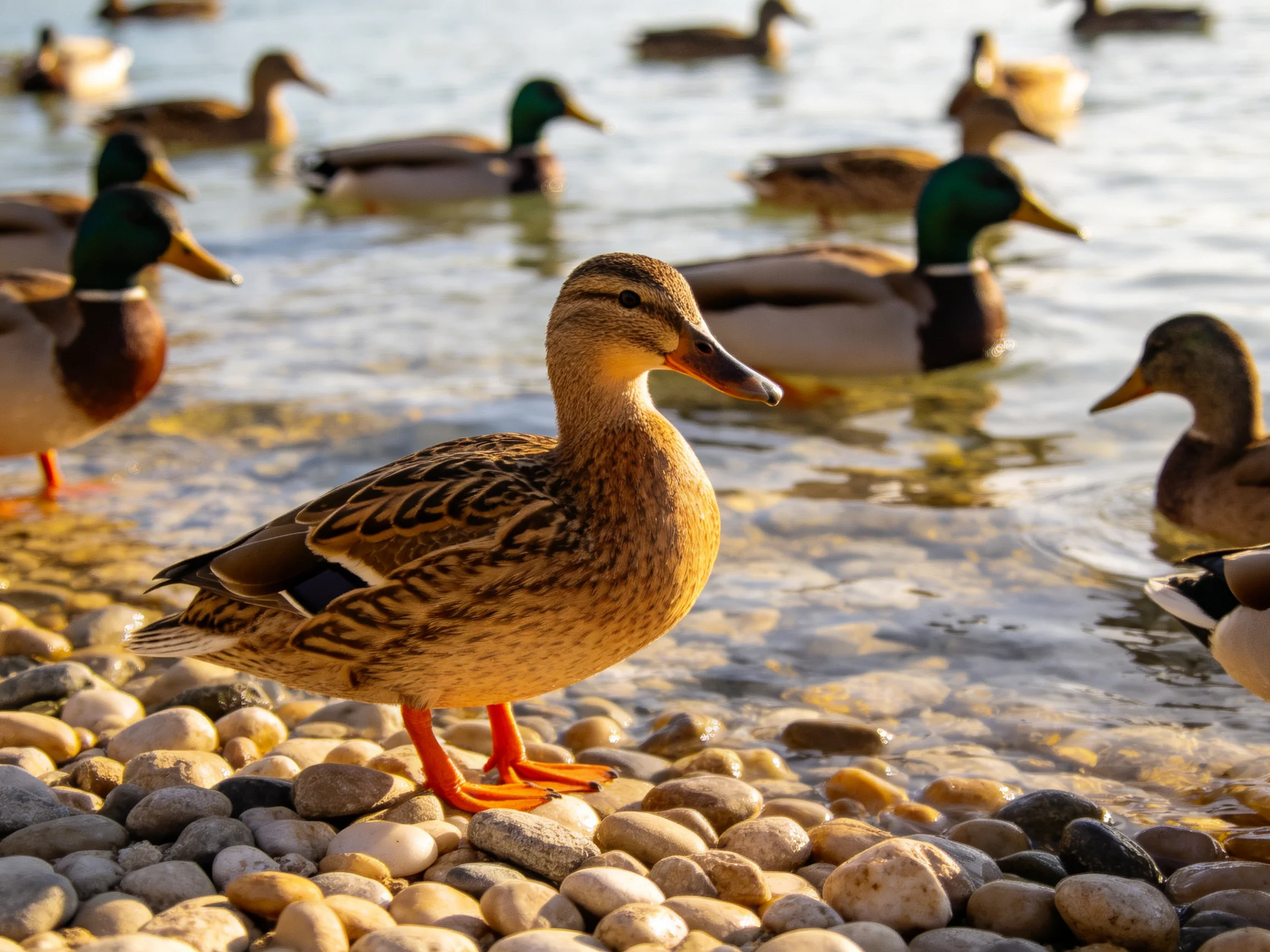 Ducks gather by calm water with pebbly shore and diverse plumages