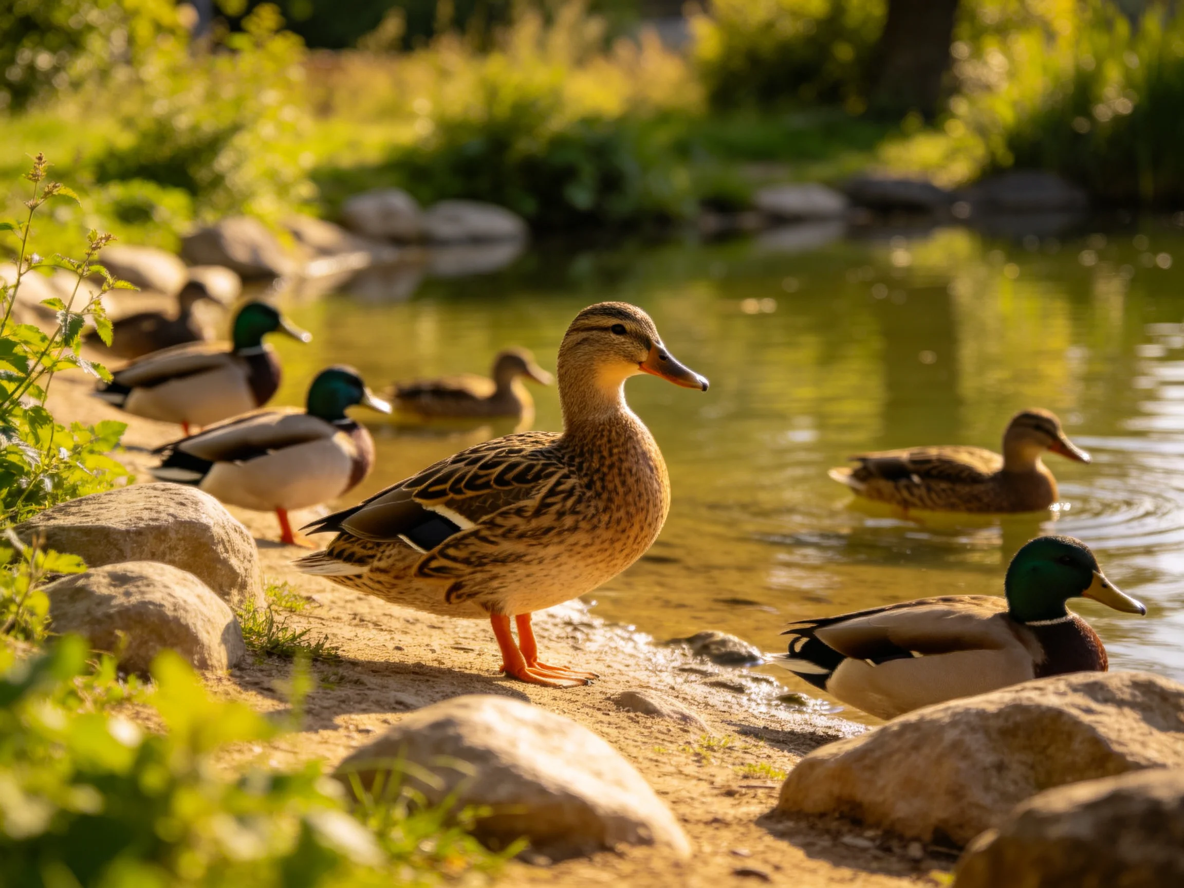 Ducks gather near a pond with rocky shores and greenery
