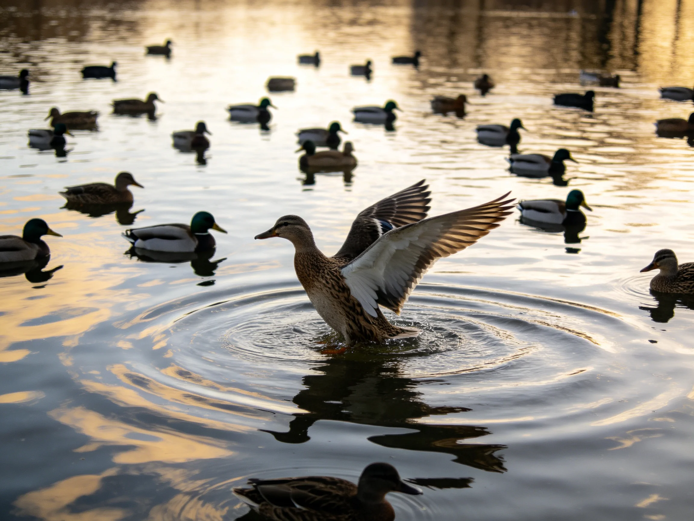 Ducks swimming in golden water, one duck flapping wings